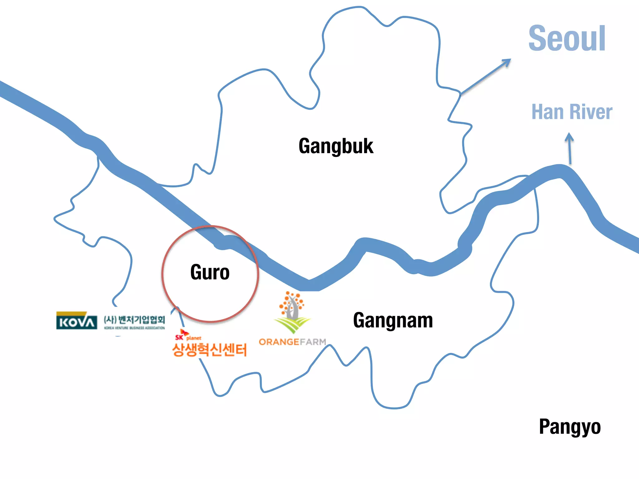 Seoul 
Han River 
Gangbuk 
Pangyo 
Gangnam 
Guro 
 