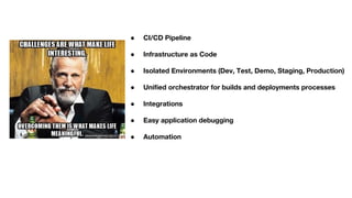 ● CI/CD Pipeline
● Infrastructure as Code
● Isolated Environments (Dev, Test, Demo, Staging, Production)
● Unified orchestrator for builds and deployments processes
● Integrations
● Easy application debugging
● Automation
 