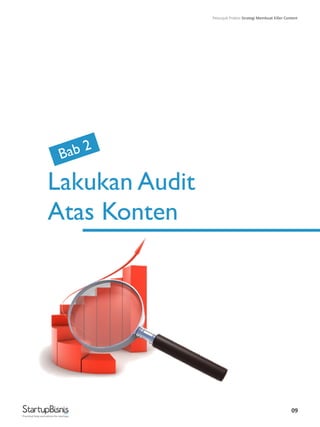 09
Lakukan Audit
Atas Konten
Bab 2
Practical help and advice for startups
Petunjuk Praktis Strategi Membuat Killer Content
 
