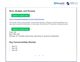 Burn, Budget, and Runway!
!
!
!
Link to a Google spreadsheet you use to track ﬁnances.!
!
(This section will be a recurring item in each board meeting, so linking to a shared spreadsheet is an
easy way to provide this information. In most cases, this will be an FYI more than a discussion point.)!
!
!
!
!
Cash: $N!
Burn Rate: $N!
Runway: X-Y months (worst case, assuming no revenue contribution)!
!
!
Key Concerns/Help Wanted!
!
•  Item #1!
•  Item #2!
•  Item #3!
!
!
* * *!
!
Option 1 (delete this)
Option 2 (delete this)
 