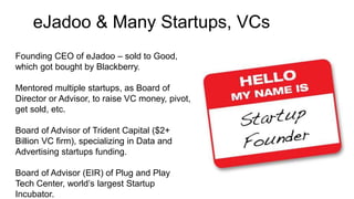 eJadoo & Many Startups, VCs
Founding CEO of eJadoo – sold to Good,
which got bought by Blackberry.
Mentored multiple startups, as Board of
Director or Advisor, to raise VC money, pivot,
get sold, etc.
Board of Advisor of Trident Capital ($2+
Billion VC firm), specializing in Data and
Advertising startups funding.
Board of Advisor (EIR) of Plug and Play
Tech Center, world’s largest Startup
Incubator.
 