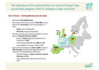 The objec>ve of this partnership is to launch Europe’s top 
  accelerator program with 5+ chapters under one fund  

Our Future ‐ StartupBootcamp Europe 
  One brand: StartupBootcamp 
  Both capters will launch a fund of EUR 300k each to 
   ﬁnance the 10 startups of each local program in 
   2011 
     ‐  Spain: June to September 
     ‐  Denmark: August to November                       bwv 
  We have recently announced the addi>on of a new 
   partner: Bandwith Ventures (BWV)  
     ‐  Based in Dublin (Ireland) founded by 3 co‐
         founders of 
     ‐  Partnerships with MNCs like IBM and Ci> 
     ‐  Local program in January ‐ March 2012 
  One fund for all chapters of EUR 15‐20M to ﬁnance 
   200+ startups that will go through each of the 5 
   chapters of StartupBootcamp 2012‐2017 
     ‐  Planned chapters in Spain, Denmark, Ireland, 
         Germany and UK 
     ‐  Interna>onal demo day at the end of each 
         year 
 
