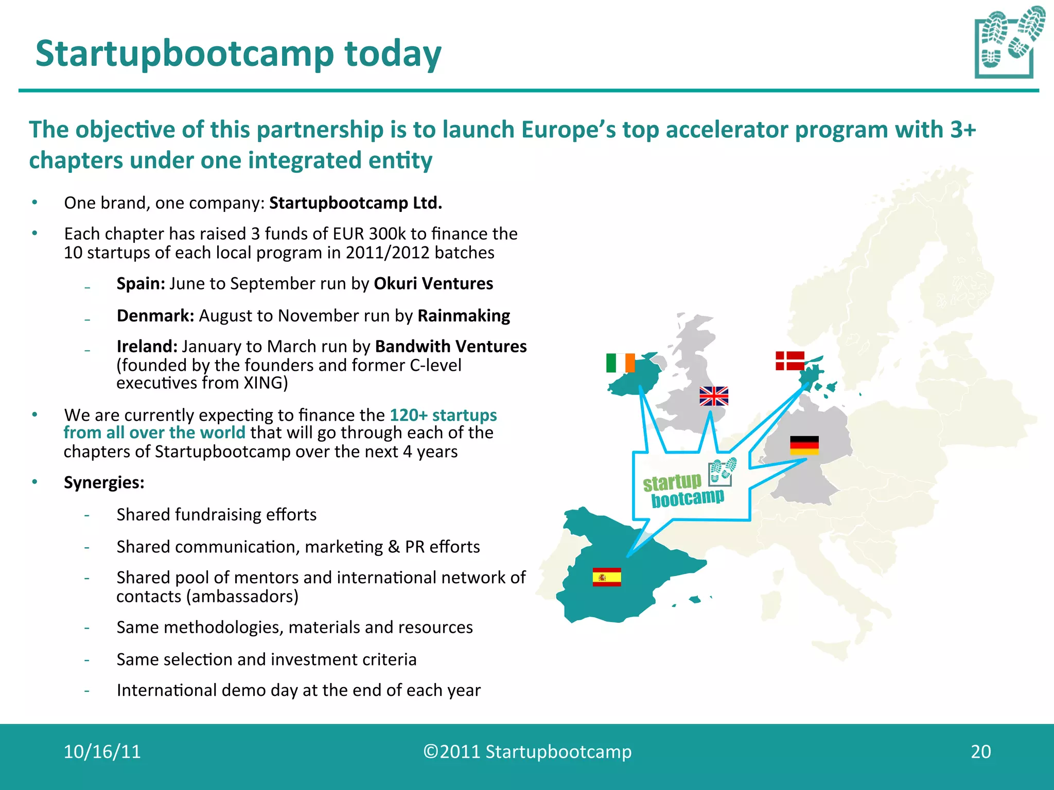 Startupbootcamp	
  today	
  
The	
  objec0ve	
  of	
  this	
  partnership	
  is	
  to	
  launch	
  Europe’s	
  top	
  accelerator	
  program	
  with	
  3+	
  
chapters	
  under	
  one	
  integrated	
  en0ty	
  	
  
•    One	
  brand,	
  one	
  company:	
  Startupbootcamp	
  Ltd.	
  
•    Each	
  chapter	
  has	
  raised	
  3	
  funds	
  of	
  EUR	
  300k	
  to	
  ﬁnance	
  the	
  
     10	
  startups	
  of	
  each	
  local	
  program	
  in	
  2011/2012	
  batches	
  
         ₋      Spain:	
  June	
  to	
  September	
  run	
  by	
  Okuri	
  Ventures	
  
         ₋      Denmark:	
  August	
  to	
  November	
  run	
  by	
  Rainmaking	
  
         ₋      Ireland:	
  January	
  to	
  March	
  run	
  by	
  Bandwith	
  Ventures	
  
                (founded	
  by	
  the	
  founders	
  and	
  former	
  C-­‐level	
  
                execuCves	
  from	
  XING)	
  
•    We	
  are	
  currently	
  expecCng	
  to	
  ﬁnance	
  the	
  120+	
  startups	
  
     from	
  all	
  over	
  the	
  world	
  that	
  will	
  go	
  through	
  each	
  of	
  the	
  
     chapters	
  of	
  Startupbootcamp	
  over	
  the	
  next	
  4	
  years	
  
•    Synergies:	
  
         -­‐    Shared	
  fundraising	
  eﬀorts	
  
         -­‐    Shared	
  communicaCon,	
  markeCng	
  &	
  PR	
  eﬀorts	
  
         -­‐    Shared	
  pool	
  of	
  mentors	
  and	
  internaConal	
  network	
  of	
  
                contacts	
  (ambassadors)	
  
         -­‐    Same	
  methodologies,	
  materials	
  and	
  resources	
  
         -­‐    Same	
  selecCon	
  and	
  investment	
  criteria	
  
         -­‐    InternaConal	
  demo	
  day	
  at	
  the	
  end	
  of	
  each	
  year	
  


     10/16/11	
                                                                  ©2011	
  Startupbootcamp	
                    20	
  
 