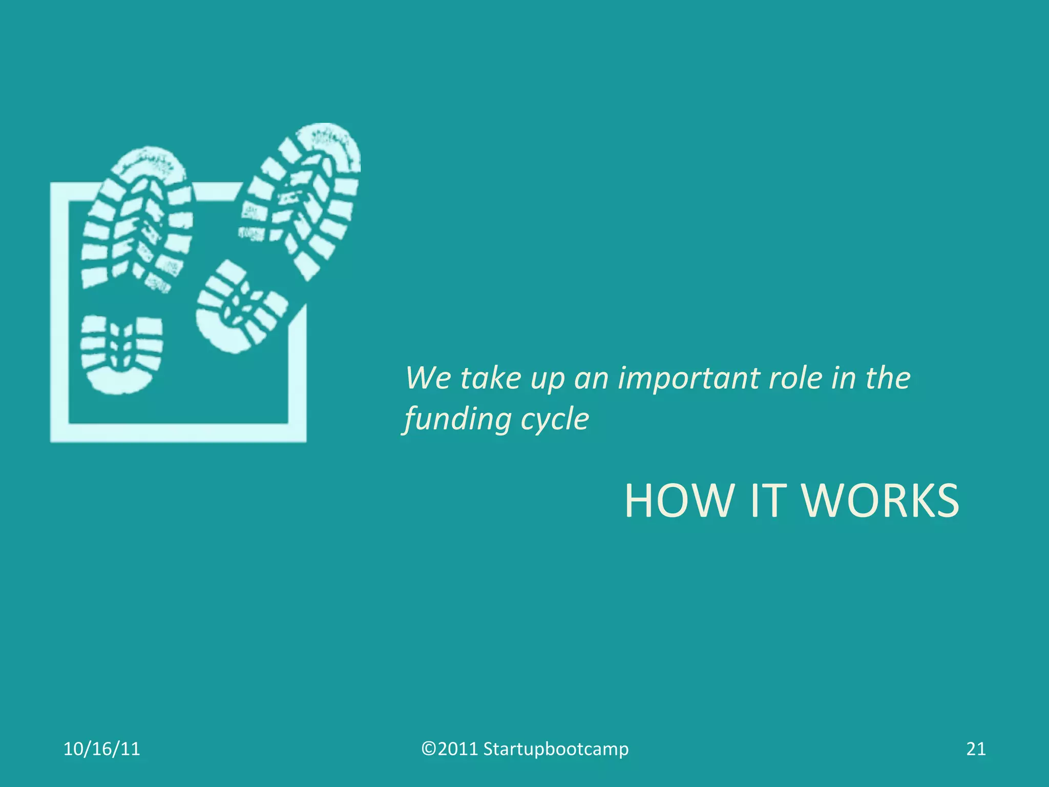 We	
  take	
  up	
  an	
  important	
  role	
  in	
  the	
  
               funding	
  cycle	
  

                                          HOW	
  IT	
  WORKS	
  



10/16/11	
      ©2011	
  Startupbootcamp	
                                    21	
  
 