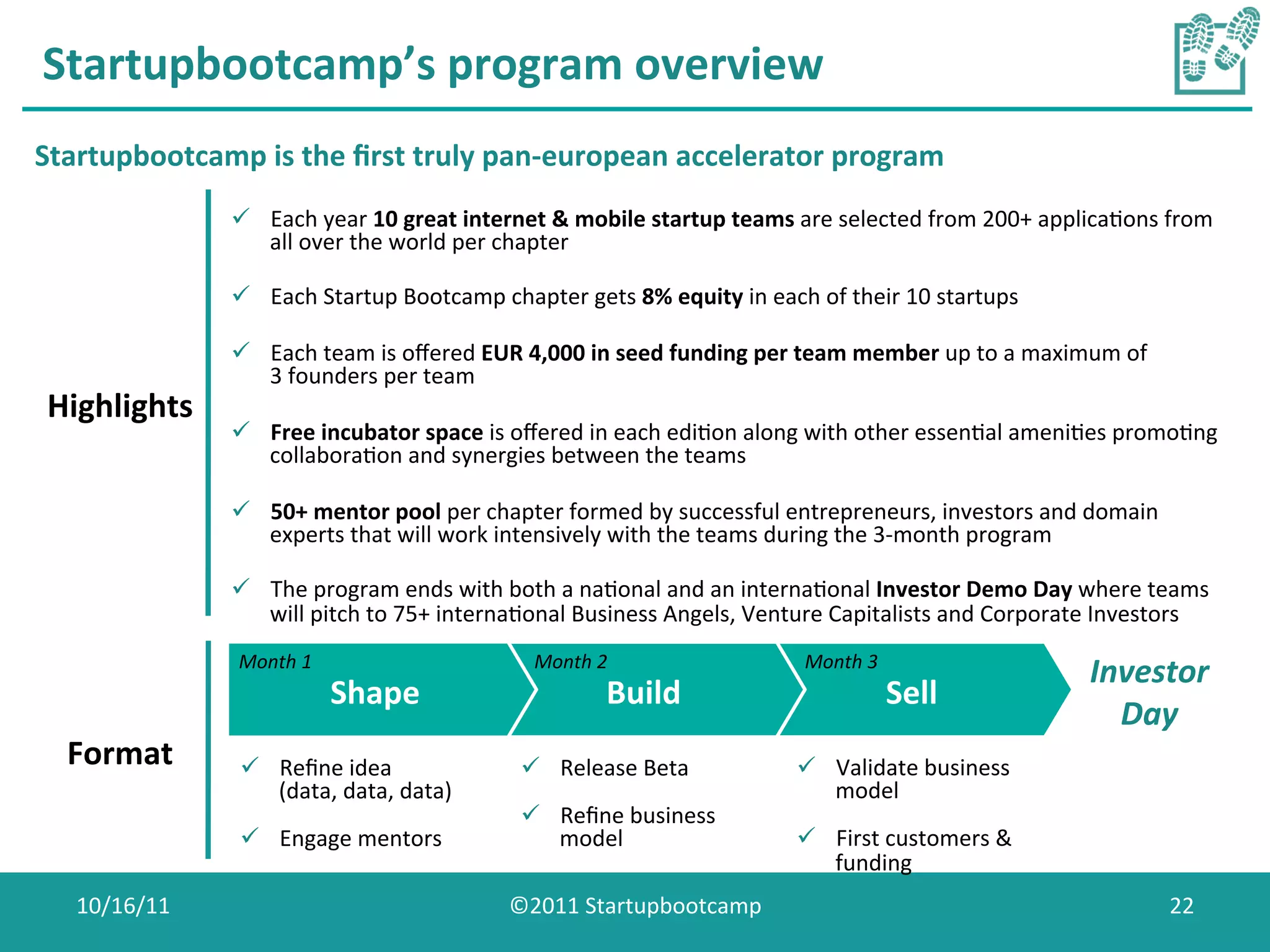 Startupbootcamp’s	
  program	
  overview	
  
Startupbootcamp	
  is	
  the	
  ﬁrst	
  truly	
  pan-­‐european	
  accelerator	
  program	
  
                   ü  Each	
  year	
  10	
  great	
  internet	
  &	
  mobile	
  startup	
  teams	
  are	
  selected	
  from	
  200+	
  applicaCons	
  from	
  
                       all	
  over	
  the	
  world	
  per	
  chapter	
  

                   ü  Each	
  Startup	
  Bootcamp	
  chapter	
  gets	
  8%	
  equity	
  in	
  each	
  of	
  their	
  10	
  startups	
  

                   ü  Each	
  team	
  is	
  oﬀered	
  EUR	
  4,000	
  in	
  seed	
  funding	
  per	
  team	
  member	
  up	
  to	
  a	
  maximum	
  of	
  
                       3	
  founders	
  per	
  team	
  
 Highlights
          	
  
                   ü  Free	
  incubator	
  space	
  is	
  oﬀered	
  in	
  each	
  ediCon	
  along	
  with	
  other	
  essenCal	
  ameniCes	
  promoCng	
  
                       collaboraCon	
  and	
  synergies	
  between	
  the	
  teams	
  

                   ü  50+	
  mentor	
  pool	
  per	
  chapter	
  formed	
  by	
  successful	
  entrepreneurs,	
  investors	
  and	
  domain	
  
                       experts	
  that	
  will	
  work	
  intensively	
  with	
  the	
  teams	
  during	
  the	
  3-­‐month	
  program	
  

                   ü  The	
  program	
  ends	
  with	
  both	
  a	
  naConal	
  and	
  an	
  internaConal	
  Investor	
  Demo	
  Day	
  where	
  teams	
  
                       will	
  pitch	
  to	
  75+	
  internaConal	
  Business	
  Angels,	
  Venture	
  Capitalists	
  and	
  Corporate	
  Investors	
  
                    Month	
  1	
                               Month	
  2	
                            Month	
  3	
  
                                                                                                                                                 Investor	
  
                                     Shape	
                               Build	
                                      Sell	
  
                                                                                                                                                   Day	
  
   Format
        	
          ü  Reﬁne	
  idea	
  	
                  ü  Release	
  Beta	
                    ü  Validate	
  business	
  
                        (data,	
  data,	
  data)	
                                                        model	
  
                                                             ü  Reﬁne	
  business	
  
                    ü  Engage	
  mentors	
                      model	
                              ü  First	
  customers	
  &	
  
                                                                                                          funding	
  
    10/16/11	
                                              ©2011	
  Startupbootcamp	
                                                                        22	
  
 