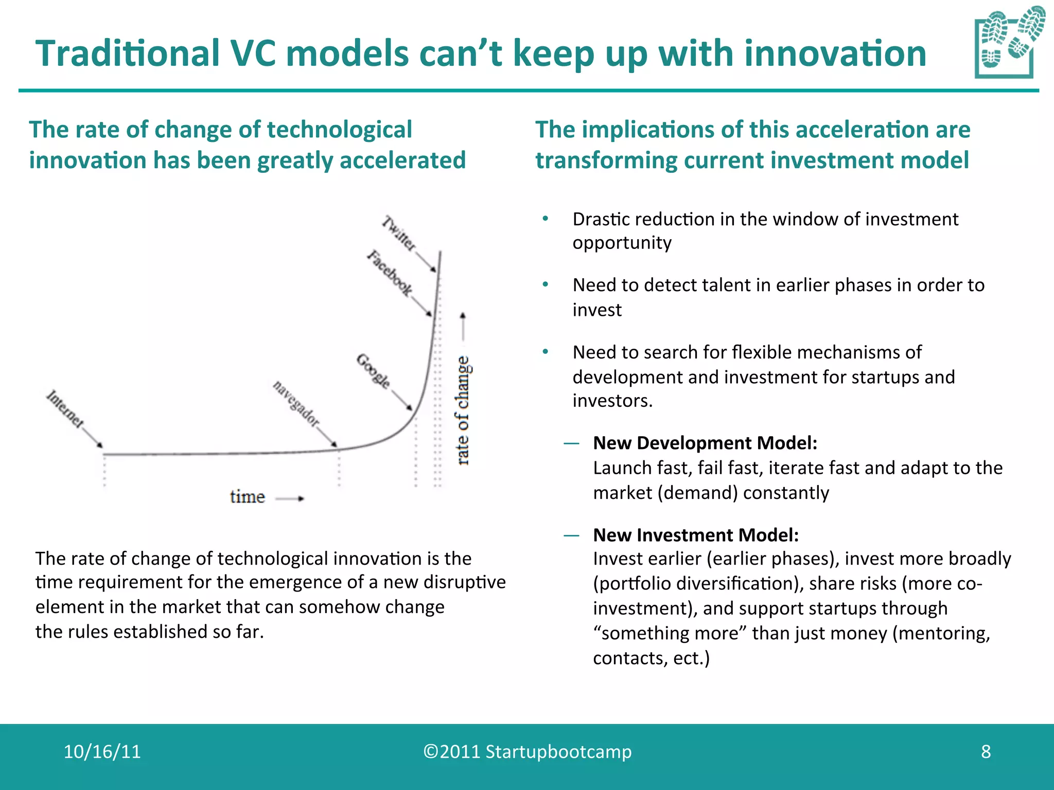 Tradi0onal	
  VC	
  models	
  can’t	
  keep	
  up	
  with	
  innova0on	
  
The	
  rate	
  of	
  change	
  of	
  technological	
                               The	
  implica0ons	
  of	
  this	
  accelera0on	
  are	
  
innova0on	
  has	
  been	
  greatly	
  accelerated	
  	
                           transforming	
  current	
  investment	
  model	
  	
  

                                                                                   •      DrasCc	
  reducCon	
  in	
  the	
  window	
  of	
  investment	
  
                                                                                          opportunity	
  

                                                                                   •      Need	
  to	
  detect	
  talent	
  in	
  earlier	
  phases	
  in	
  order	
  to	
  
                                                                                          invest	
  

                                                                                   •      Need	
  to	
  search	
  for	
  ﬂexible	
  mechanisms	
  of	
  
                                                                                          development	
  and	
  investment	
  for	
  startups	
  and	
  
                                                                                          investors.	
  

                                                                                        —  New	
  Development	
  Model:	
  
                                                                                           Launch	
  fast,	
  fail	
  fast,	
  iterate	
  fast	
  and	
  adapt	
  to	
  the	
  
                                                                                           market	
  (demand)	
  constantly	
  

                                                                                        —  New	
  Investment	
  Model:	
  
The	
  rate	
  of	
  change	
  of	
  technological	
  innovaCon	
  is	
  the	
             Invest	
  earlier	
  (earlier	
  phases),	
  invest	
  more	
  broadly	
  
Cme	
  requirement	
  for	
  the	
  emergence	
  of	
  a	
  new	
  disrupCve	
             (poriolio	
  diversiﬁcaCon),	
  share	
  risks	
  (more	
  co-­‐
element	
  in	
  the	
  market	
  that	
  can	
  somehow	
  change	
                       investment),	
  and	
  support	
  startups	
  through	
  
the	
  rules	
  established	
  so	
  far.	
                                                “something	
  more”	
  than	
  just	
  money	
  (mentoring,	
  
                                                                                           contacts,	
  ect.)	
  



    10/16/11	
                                                   ©2011	
  Startupbootcamp	
                                                                               8	
  
 