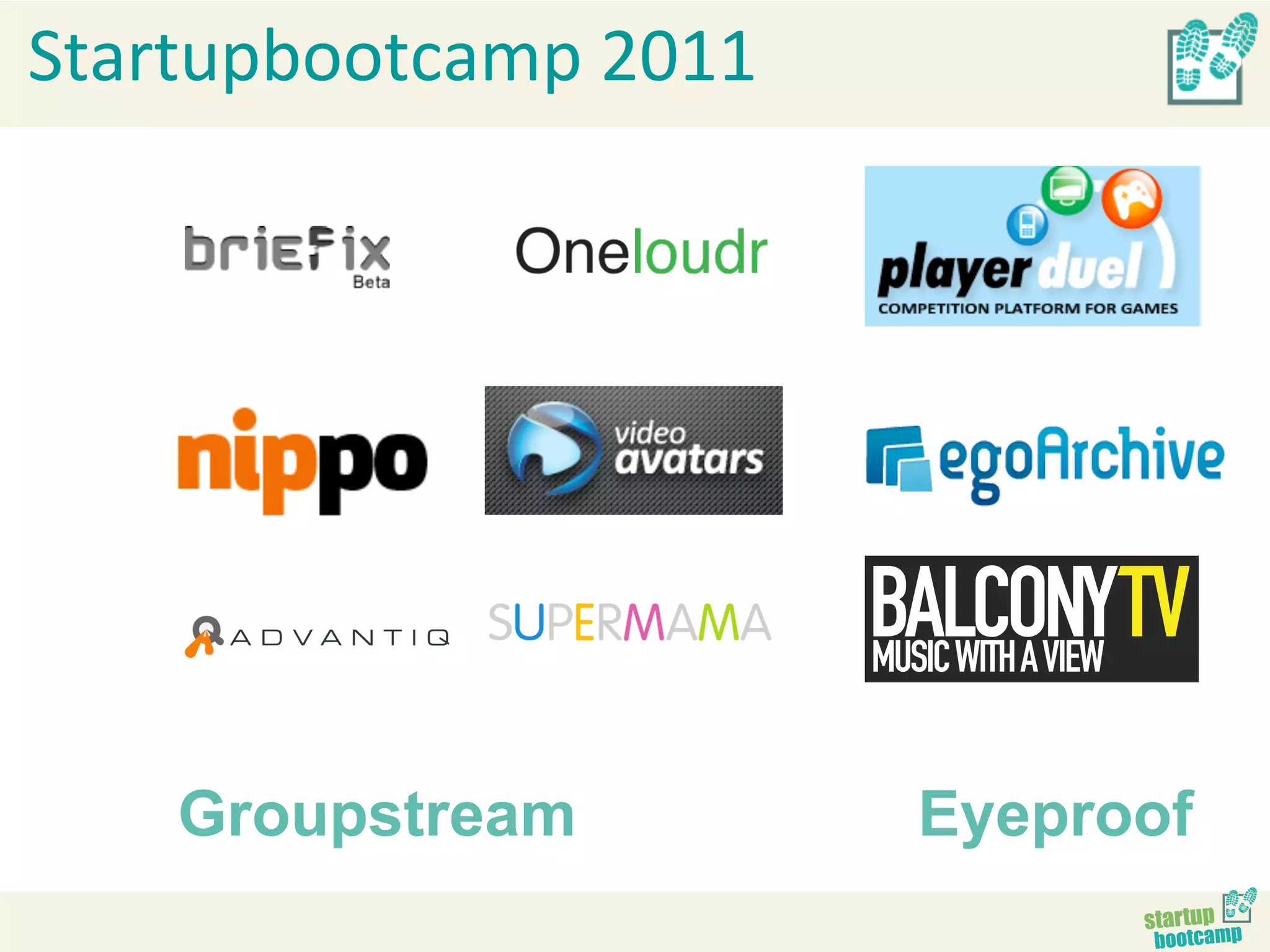 Startupbootcamp	
  2011	
  




     Groupstream              Eyeproof
 