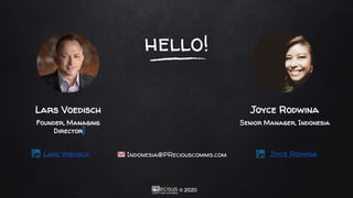© 2020
hello!
Lars Voedisch
Founder, Managing
Director
Lars Voedisch Indonesia@PReciouscomms.com
Joyce Rodwina
Senior Mana...