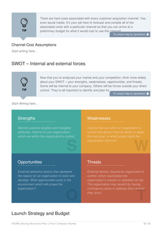 Channel Cost Assumptions
Start writing here...
There are hard costs associated with every customer acquisition channel. Yes,
even social media. It’s your job here to forecast and compile all of the
associated costs with a particular channel so that you can arrive at a
preliminary budget for what it would cost to use this channel.
Key questions to consider:
SWOT – Internal and external forces
Start Writing here...
Now that you’ve analyzed your market and your competition, think more widely
about your SWOT – your strengths, weaknesses, opportunities, and threats.
Some will be internal to your company. Others will be forces outside your direct
control. They’re all important to identify and plan for.
Strengths
Mention positive tangible and intangible
attributes. Internal to your organization.
which are within the organization's control.
S
Weaknesses
Factors that are within an organization's
control that detract from its ability to attain
the core goal. In which areas might the
organization improve?
W
Opportunities
External attractive factors that represent
the reason for an organization to exist and
develop. What opportunities exist in the
environment which will propel the
organization?
O
Threats
External factors, beyond an organization‘s
control, which could place the
organization‘s mission or operation at risk.
The organization may benefit by having
contingency plans to address them should
they occur.
T
Launch Strategy and Budget
To unlock help try Upmetrics! 
To unlock help try Upmetrics! 
[YEAR] Startup Business Plan | [Your Company Name] 28 / 45
 