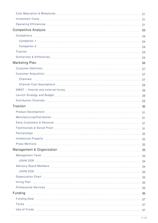 Cost Maturation & Milestones 21
Investment Costs 21
Operating Efficiencies 21
Competitive Analysis 23
Competitors 24
Competitor 1 24
Competitor 2 24
Traction 24
Similarities & Differences 24
Marketing Plan 26
Customer Definition 27
Customer Acquisition 27
Channels 27
Channel Cost Assumptions 28
SWOT – Internal and external forces 28
Launch Strategy and Budget 28
Distribution Channels 29
Traction 30
Product Development 31
Manufacturing/Distribution 31
Early Customers & Revenue 31
Testimonials & Social Proof 31
Partnerships 32
Intellectual Property 32
Press Mentions 32
Management & Organization 33
Management Team 34
JOHN DOE 34
Advisory Board Members 34
JOHN DOE 34
Organization Chart 34
Hiring Plan 35
Professional Services 35
Funding 36
Funding Goal 37
Terms 37
Use of Funds 37
2 / 45
 
