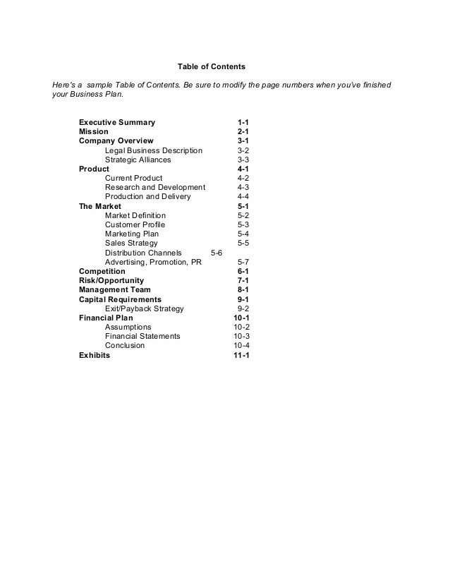 business plan table of contents
