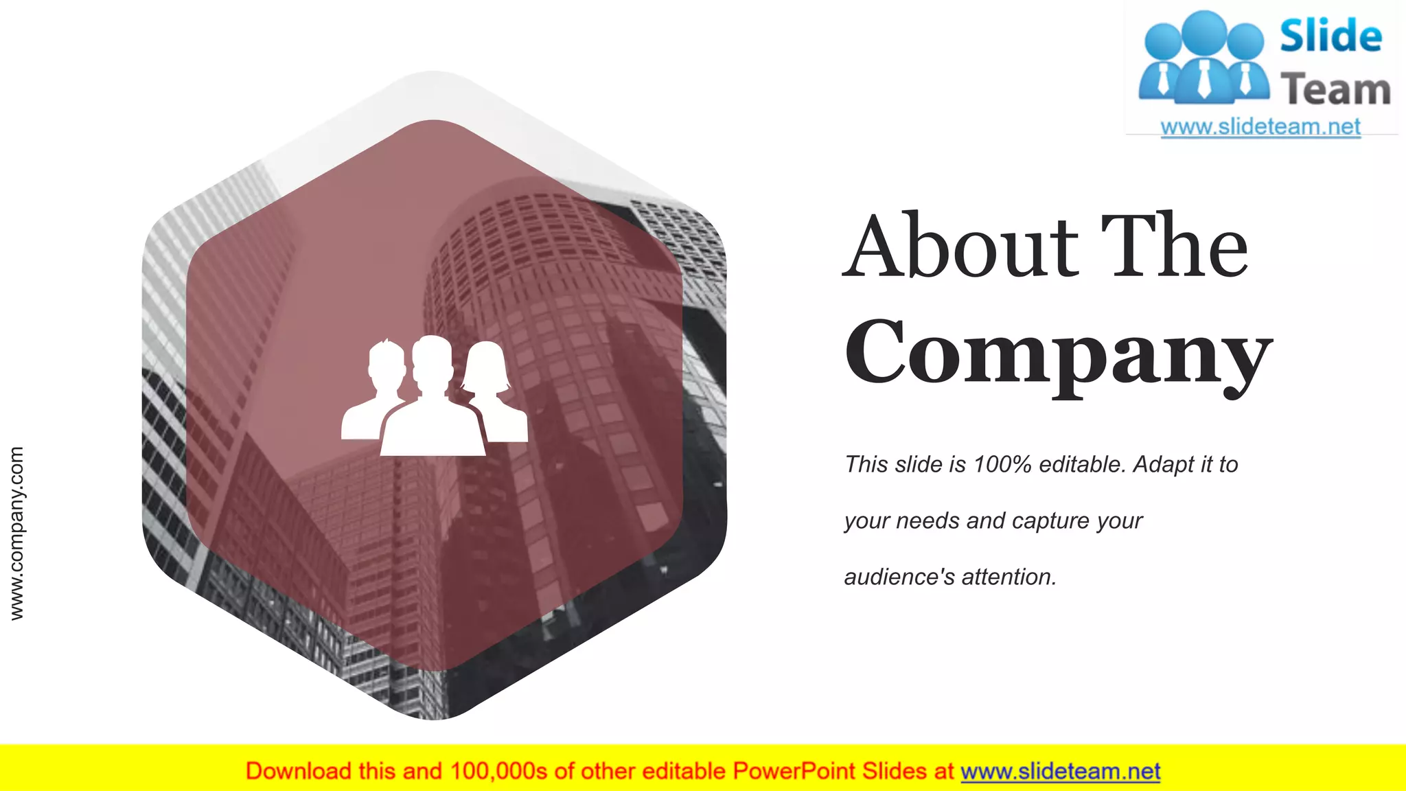 About The
Company
This slide is 100% editable. Adapt it to
your needs and capture your
audience's attention.
www.company.com 16
 