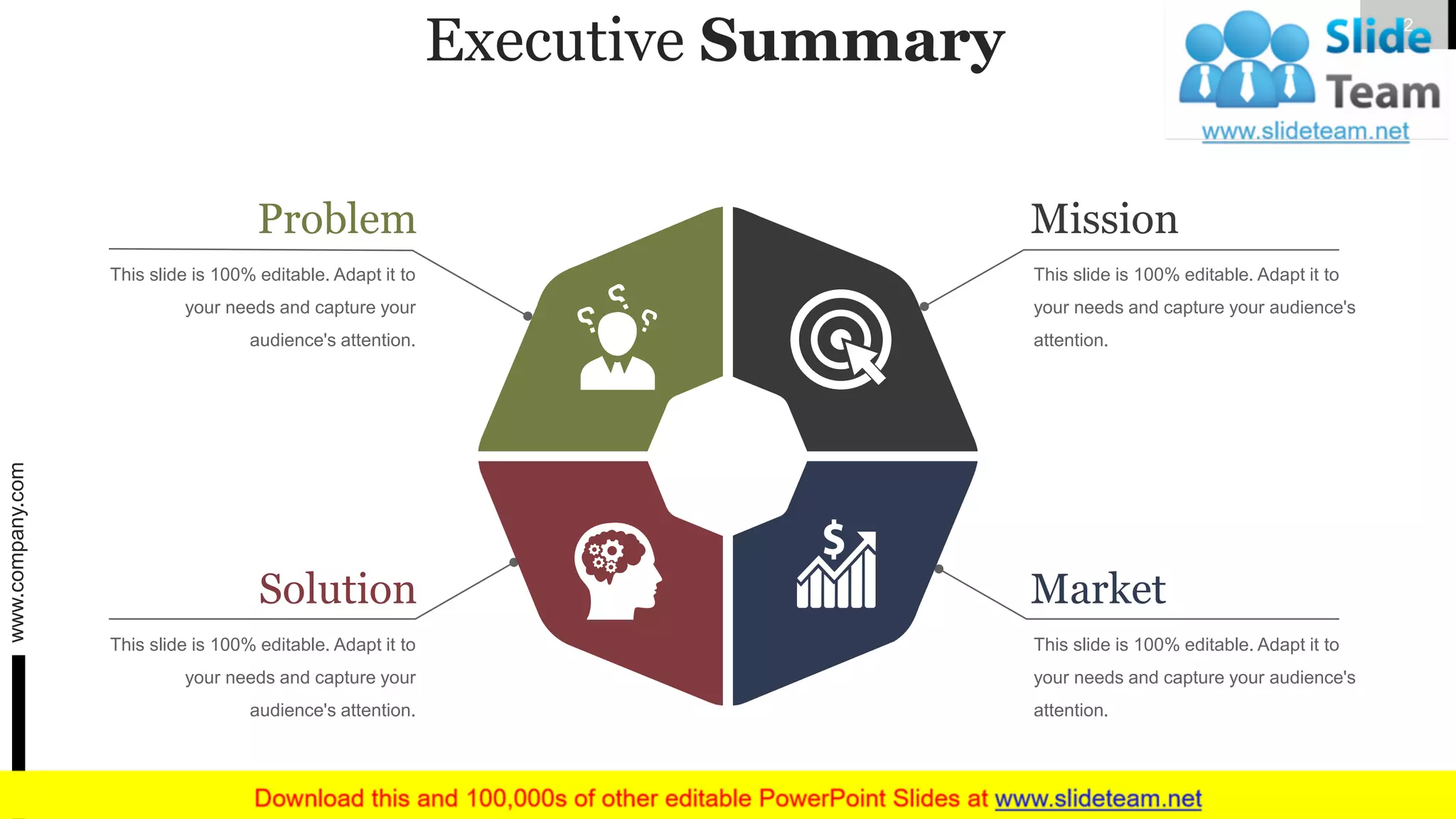 Executive Summary
This slide is 100% editable. Adapt it to
your needs and capture your
audience's attention.
Solution
This slide is 100% editable. Adapt it to
your needs and capture your audience's
attention.
Market
This slide is 100% editable. Adapt it to
your needs and capture your
audience's attention.
Problem
This slide is 100% editable. Adapt it to
your needs and capture your audience's
attention.
Mission
www.company.com 2
 