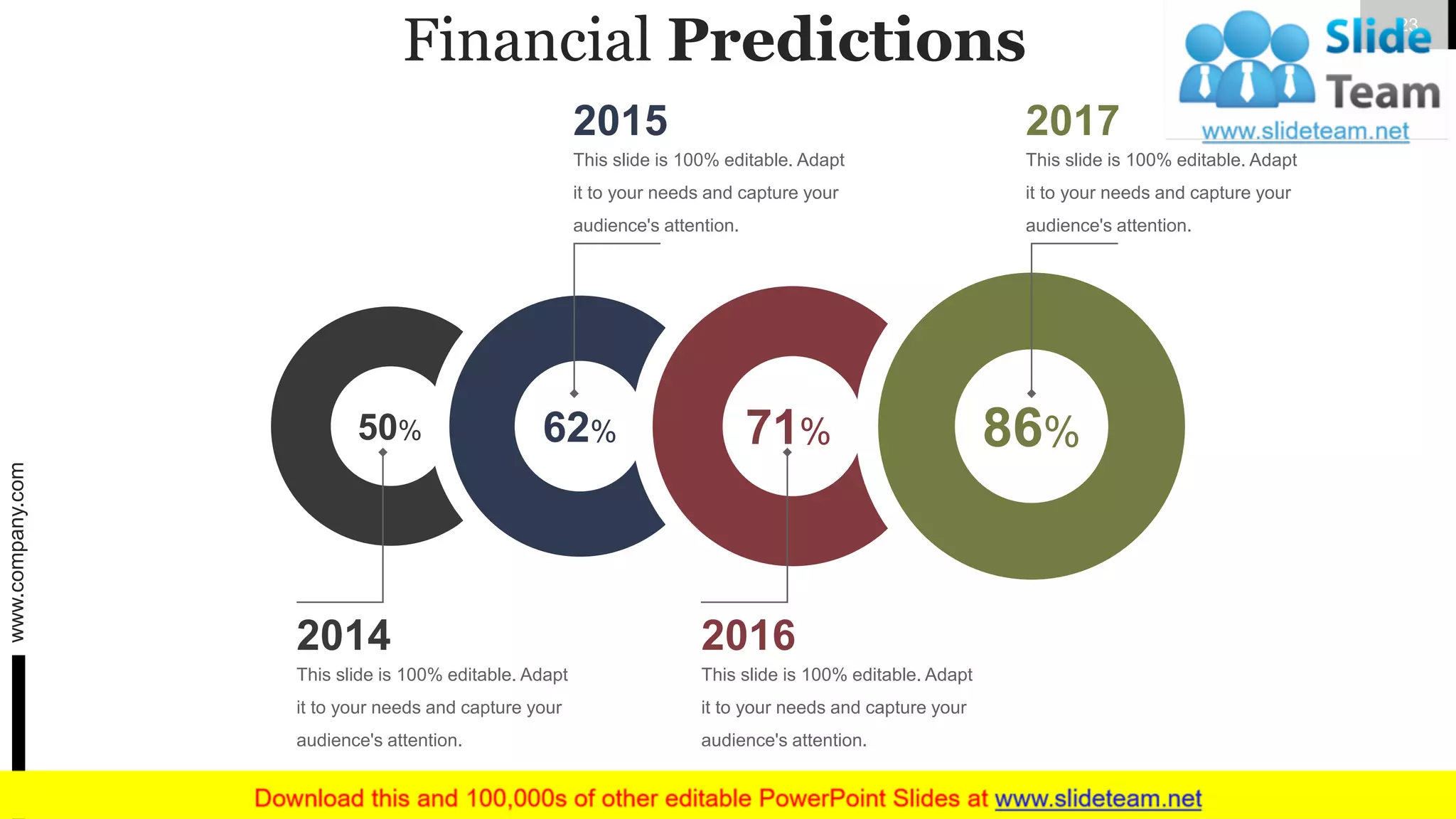Financial Predictions
2014
This slide is 100% editable. Adapt
it to your needs and capture your
audience's attention.
50%
2016
This slide is 100% editable. Adapt
it to your needs and capture your
audience's attention.
71%
2017
This slide is 100% editable. Adapt
it to your needs and capture your
audience's attention.
86%
2015
This slide is 100% editable. Adapt
it to your needs and capture your
audience's attention.
62%
www.company.com 23
 