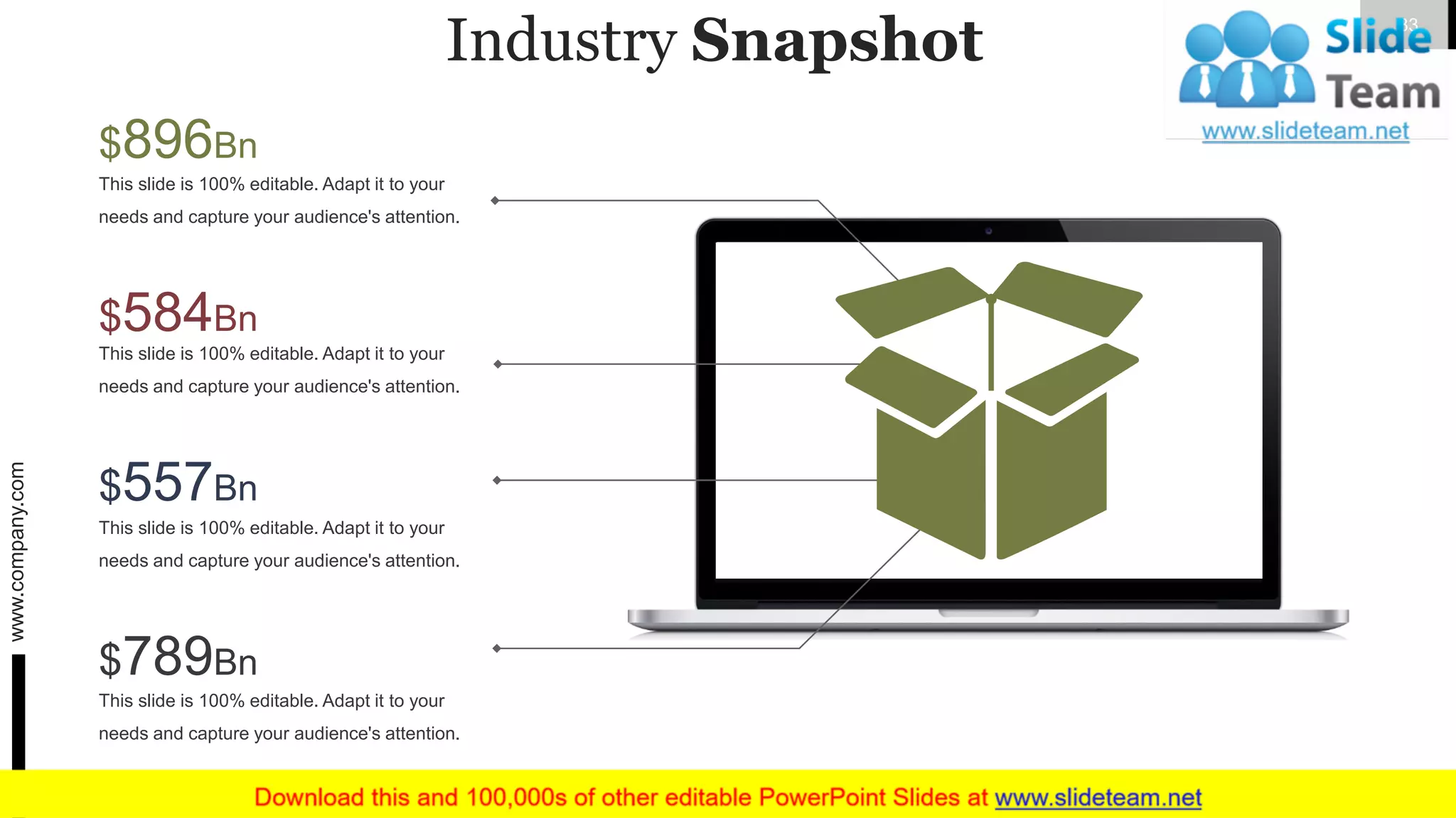 Industry Snapshot
$896Bn
This slide is 100% editable. Adapt it to your
needs and capture your audience's attention.
This slide is 100% editable. Adapt it to your
needs and capture your audience's attention.
$584Bn
This slide is 100% editable. Adapt it to your
needs and capture your audience's attention.
$557Bn
This slide is 100% editable. Adapt it to your
needs and capture your audience's attention.
$789Bn
www.company.com 33
 