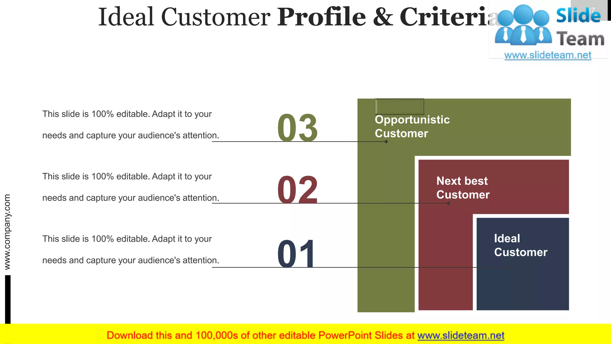 Ideal Customer Profile & Criteria
Ideal
Customer
Next best
Customer
Opportunistic
Customer
This slide is 100% editable. Adapt it to your
needs and capture your audience's attention.
This slide is 100% editable. Adapt it to your
needs and capture your audience's attention.
This slide is 100% editable. Adapt it to your
needs and capture your audience's attention.
03
02
01
www.company.com 37
 