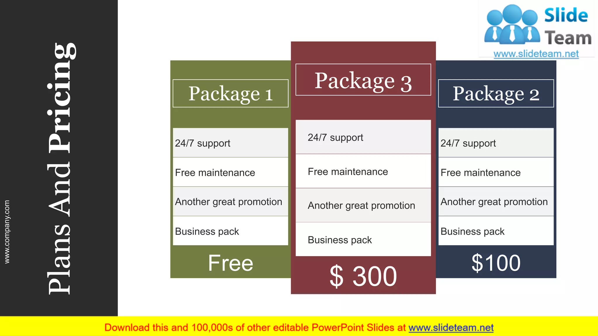 Package 1
24/7 support
Free maintenance
Another great promotion
Business pack
Free
Package 3
24/7 support
Free maintenance
Another great promotion
Business pack
$ 300
Package 2
24/7 support
Free maintenance
Another great promotion
Business pack
$100
PlansAndPricing
www.company.com 44
 
