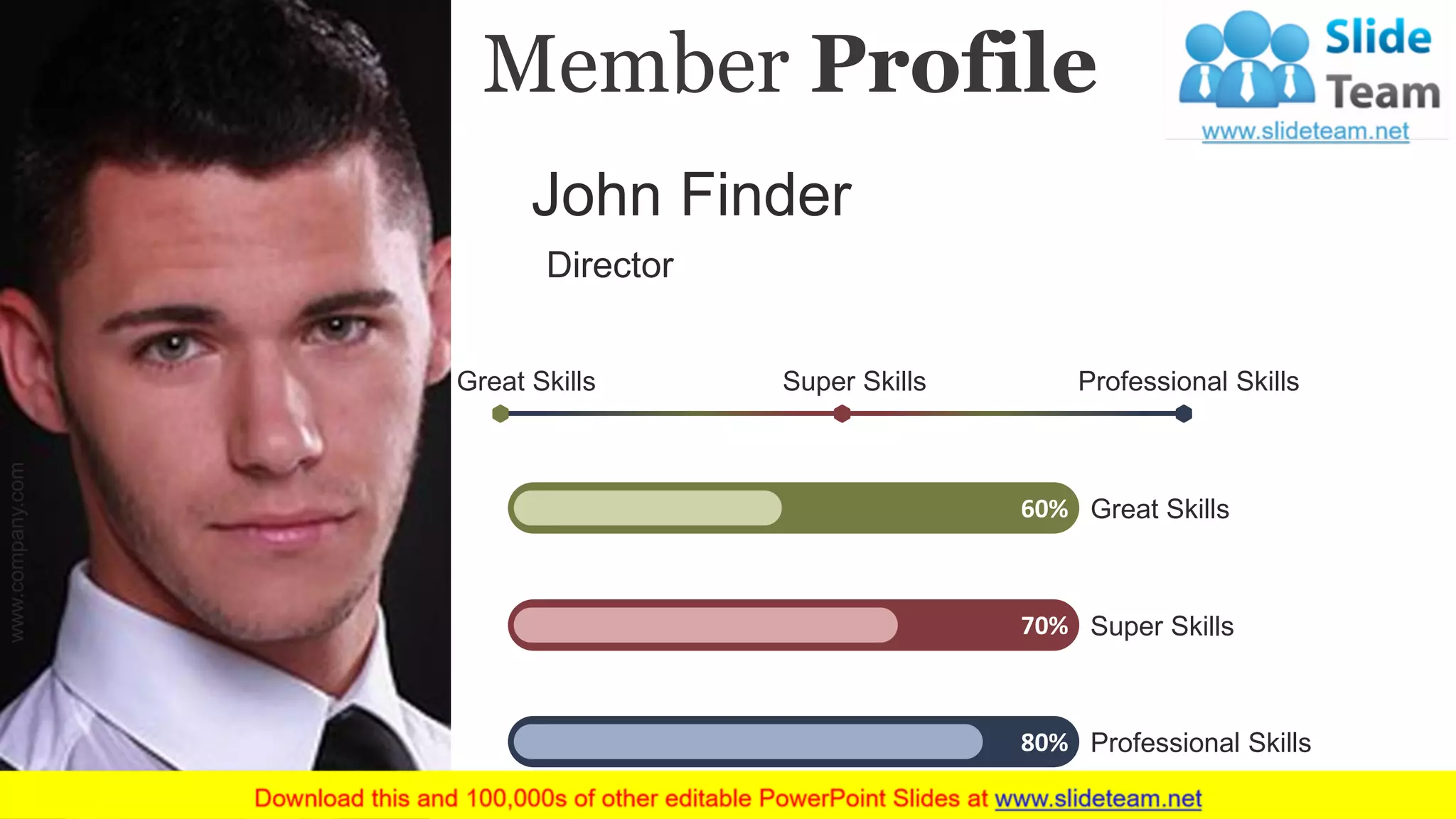 Member Profile
John Finder
Director
Great Skills Super Skills Professional Skills
Great Skills60%
Super Skills70%
Professional Skills80%
www.company.com 54
 