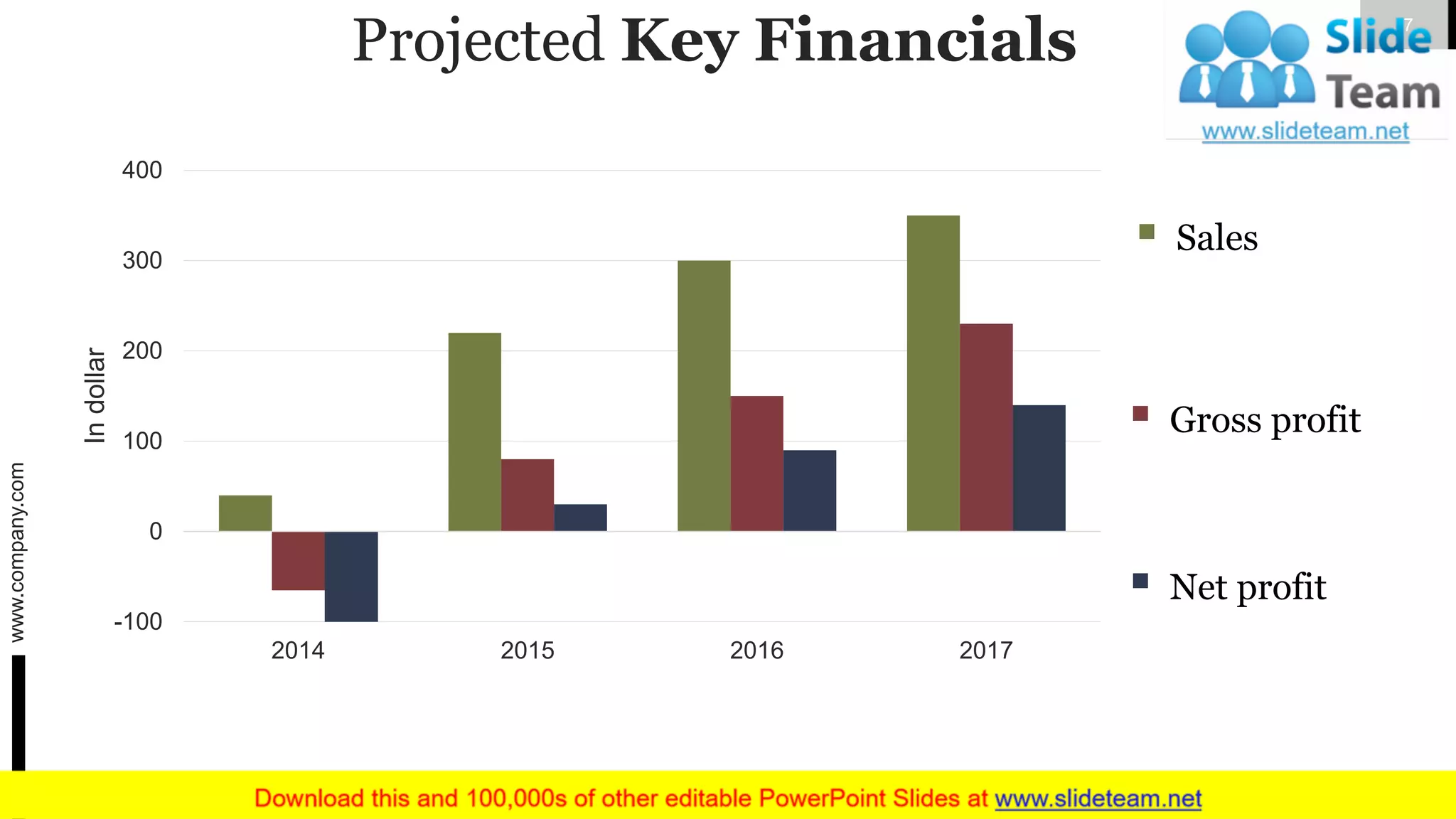 Projected Key Financials
-100
0
100
200
300
400
2014 2015 2016 2017
Indollar
▪ Sales
▪ Net profit
▪ Gross profit
www.company.com 7
 