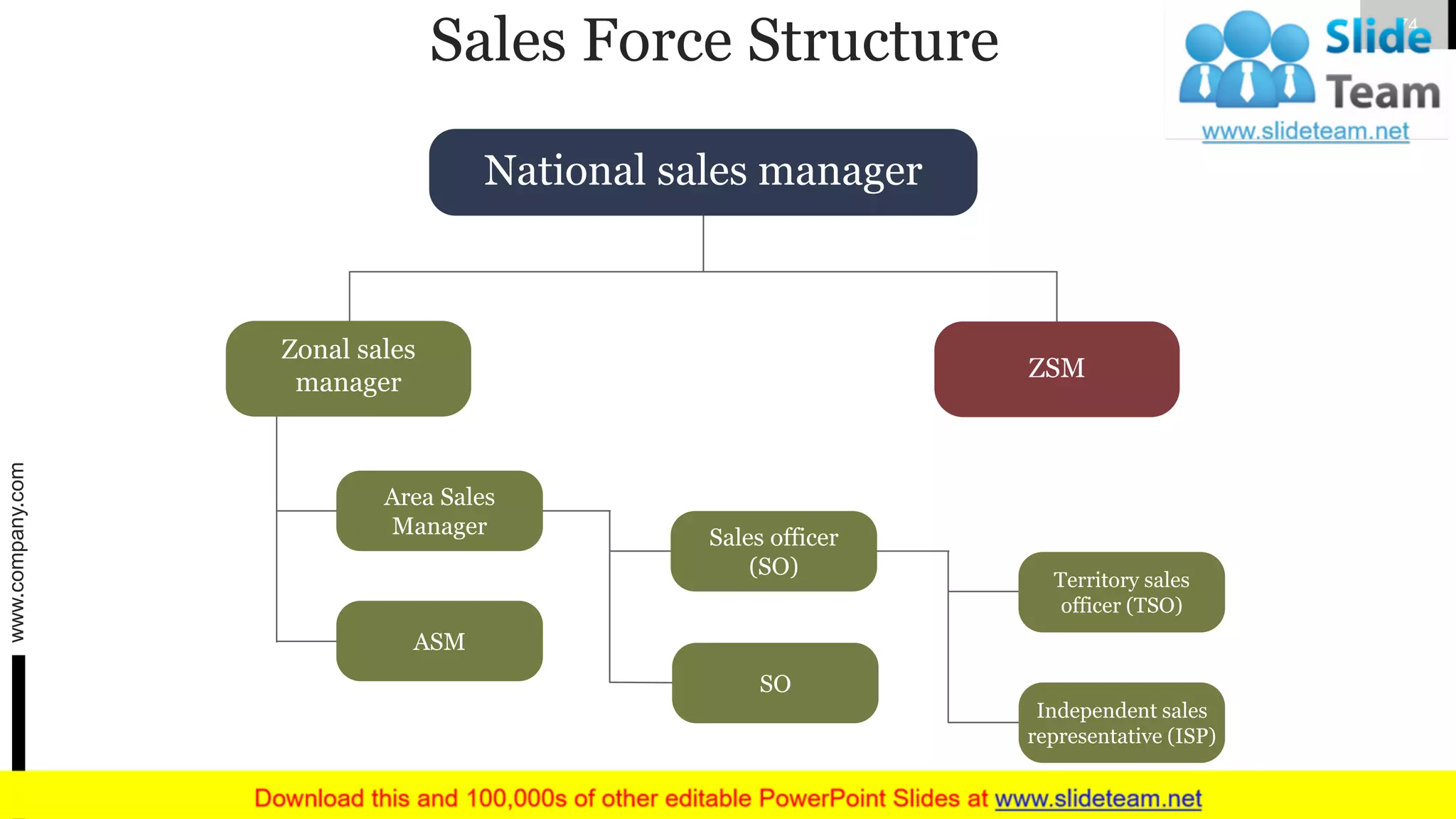 Sales Force Structure
National sales manager
ZSM
Territory sales
officer (TSO)
Independent sales
representative (ISP)
Sales officer
(SO)
SO
ASM
Area Sales
Manager
Zonal sales
manager
www.company.com 74
 