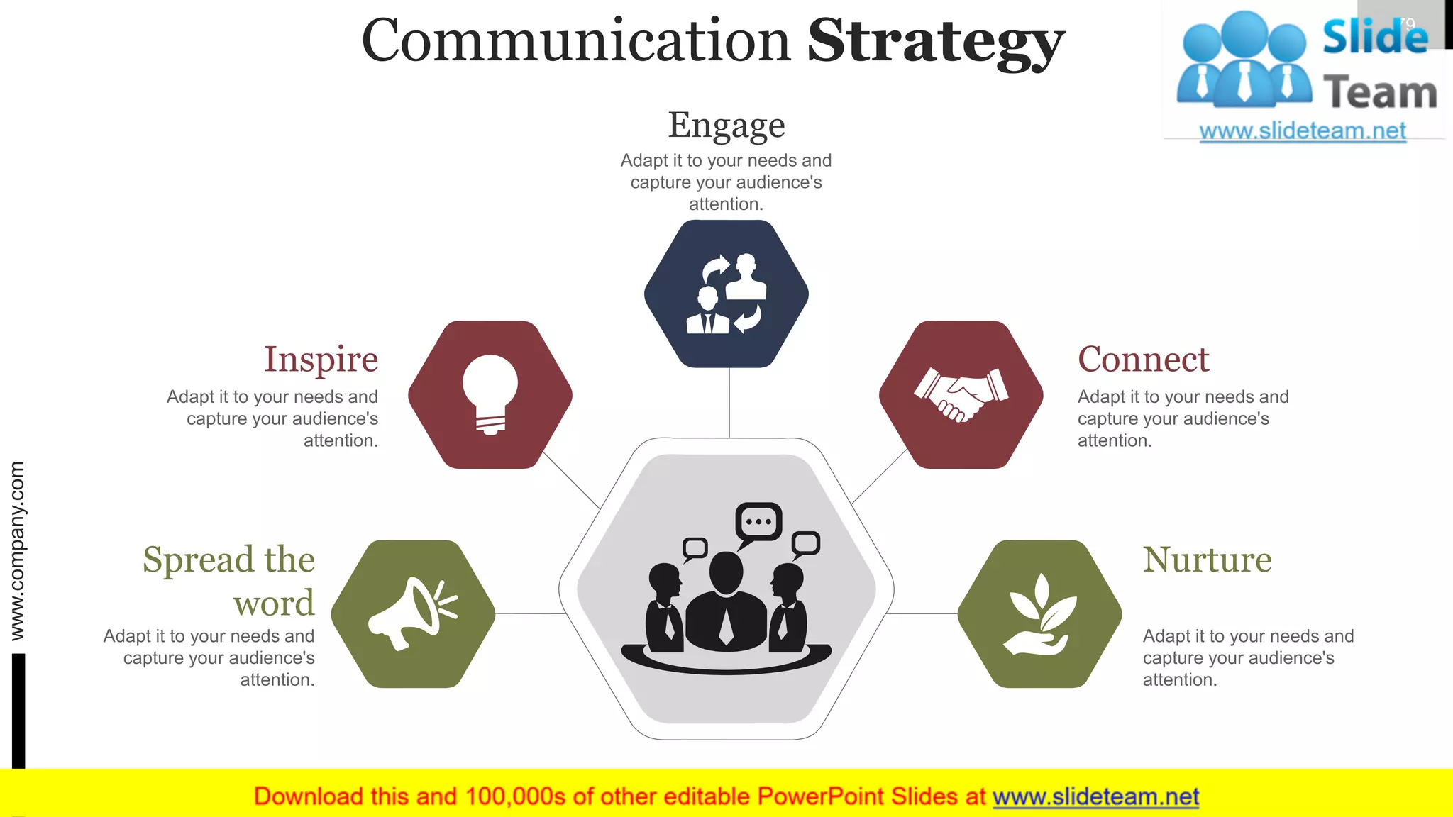 Communication Strategy
Engage
Adapt it to your needs and
capture your audience's
attention.
Inspire
Adapt it to your needs and
capture your audience's
attention.
Connect
Adapt it to your needs and
capture your audience's
attention.
Spread the
word
Adapt it to your needs and
capture your audience's
attention.
Nurture
Adapt it to your needs and
capture your audience's
attention.
www.company.com 79
 