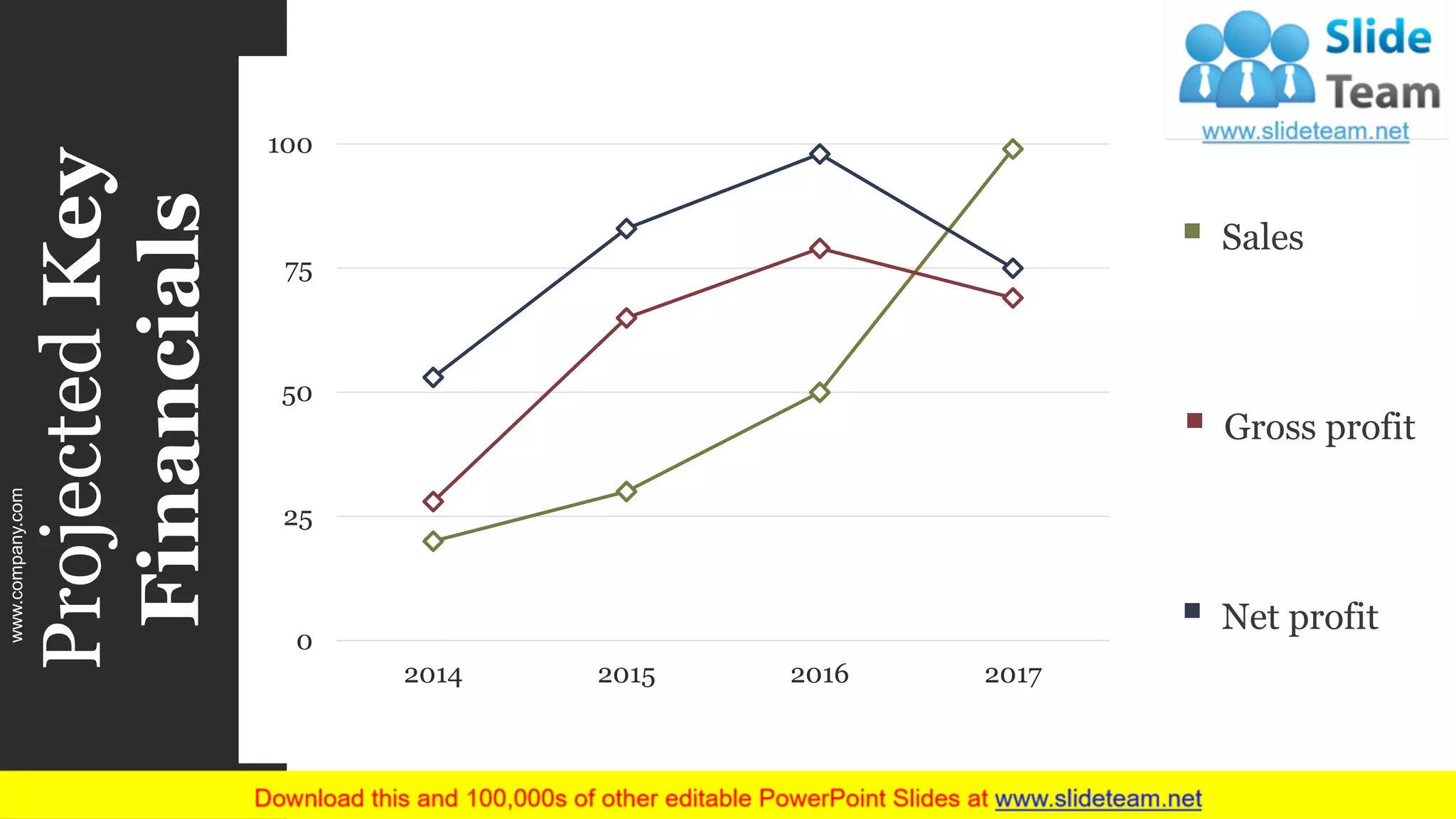 ▪ Sales
▪ Net profit
▪ Gross profit
0
25
50
75
100
2014 2015 2016 2017
ProjectedKey
Financials
www.company.com 8
 
