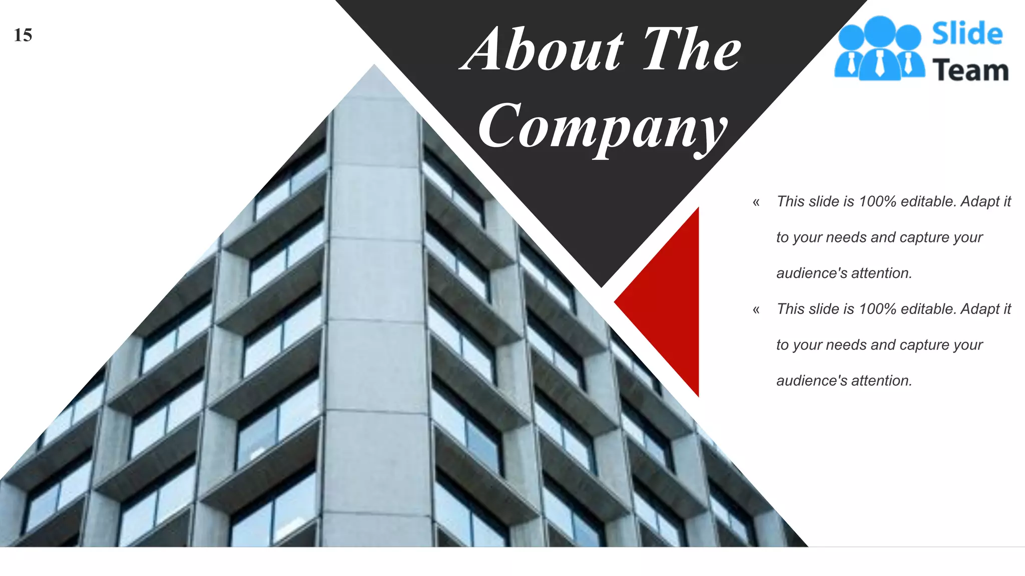 « This slide is 100% editable. Adapt it
to your needs and capture your
audience's attention.
« This slide is 100% editable. Adapt it
to your needs and capture your
audience's attention.
About The
Company
15
 