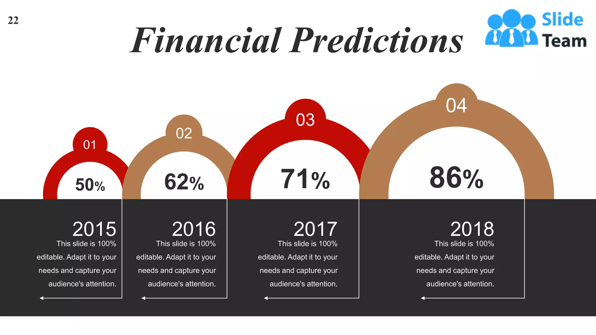 50%
01
62%
02
71%
03
86%
04
2018
This slide is 100%
editable. Adapt it to your
needs and capture your
audience's attention.
2017
This slide is 100%
editable. Adapt it to your
needs and capture your
audience's attention.
2016
This slide is 100%
editable. Adapt it to your
needs and capture your
audience's attention.
2015
This slide is 100%
editable. Adapt it to your
needs and capture your
audience's attention.
Financial Predictions
22
 