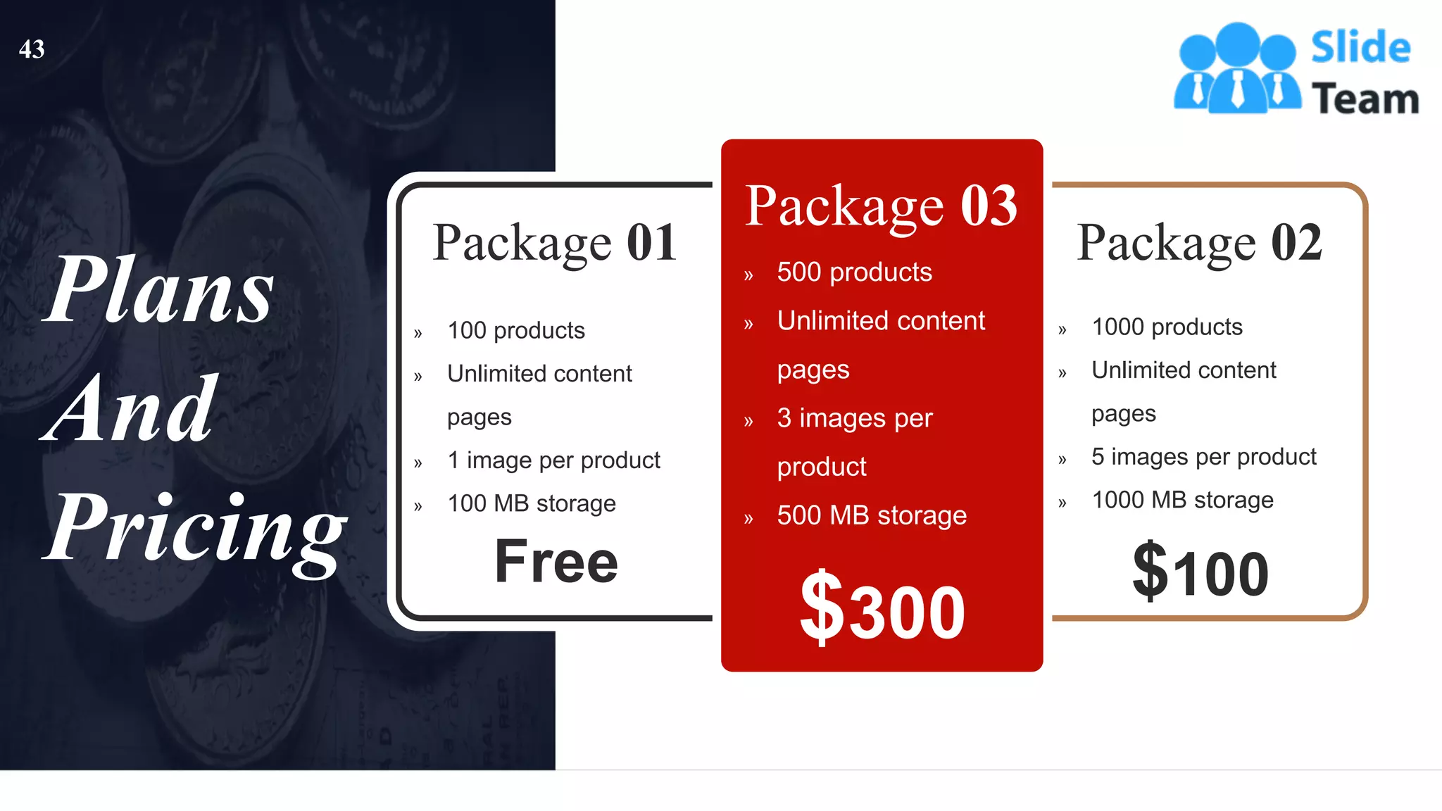 Plans
And
Pricing
» 100 products
» Unlimited content
pages
» 1 image per product
» 100 MB storage
Package 01
Free $100
» 1000 products
» Unlimited content
pages
» 5 images per product
» 1000 MB storage
Package 02
Package 03
» 500 products
» Unlimited content
pages
» 3 images per
product
» 500 MB storage
$300
43
 