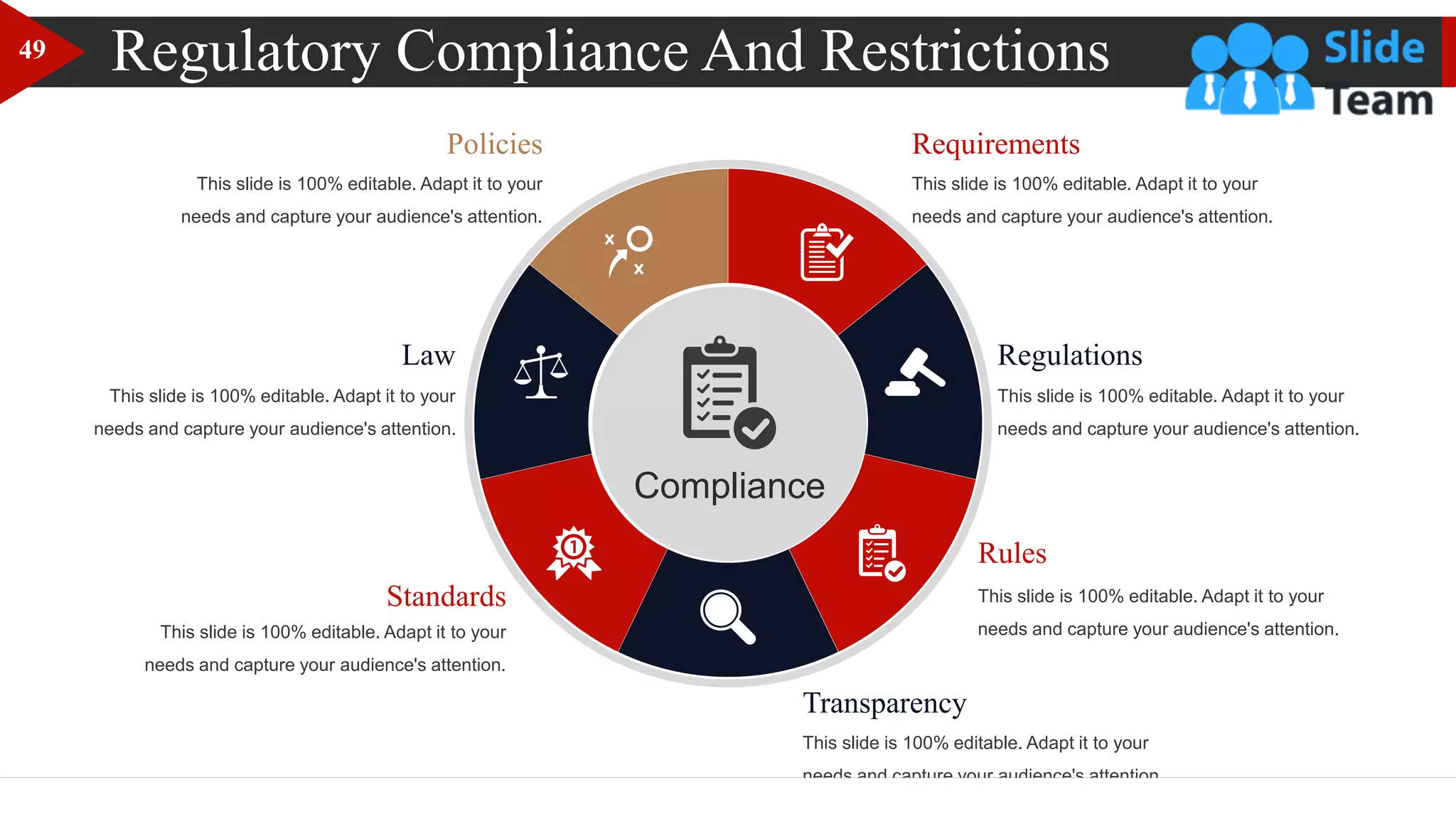 Regulatory Compliance And Restrictions
Requirements
This slide is 100% editable. Adapt it to your
needs and capture your audience's attention.
Transparency
This slide is 100% editable. Adapt it to your
needs and capture your audience's attention.
Standards
This slide is 100% editable. Adapt it to your
needs and capture your audience's attention.
Rules
This slide is 100% editable. Adapt it to your
needs and capture your audience's attention.
Law
This slide is 100% editable. Adapt it to your
needs and capture your audience's attention.
Regulations
This slide is 100% editable. Adapt it to your
needs and capture your audience's attention.
Policies
This slide is 100% editable. Adapt it to your
needs and capture your audience's attention.
Compliance
49
 
