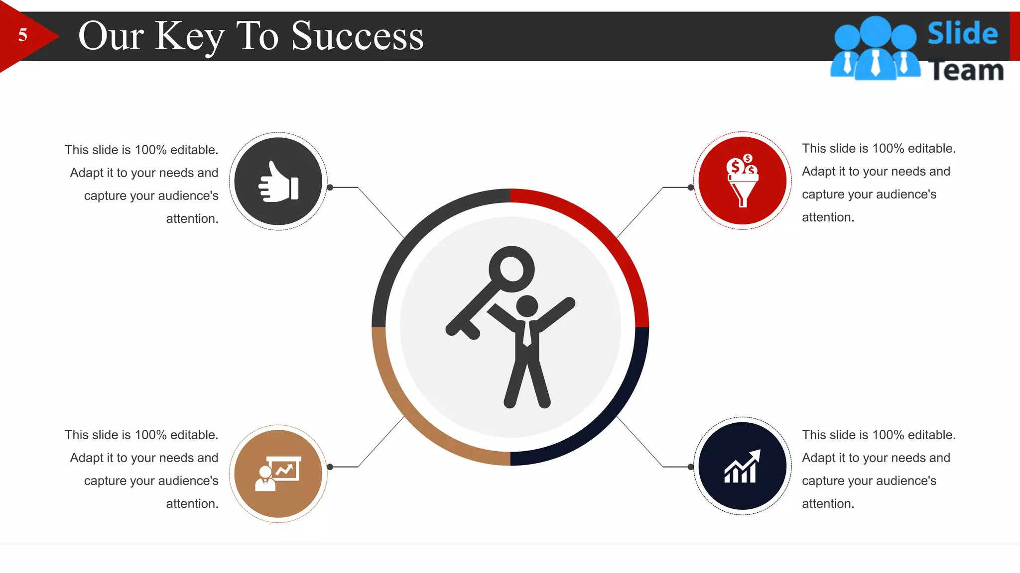 Our Key To Success
This slide is 100% editable.
Adapt it to your needs and
capture your audience's
attention.
This slide is 100% editable.
Adapt it to your needs and
capture your audience's
attention.
This slide is 100% editable.
Adapt it to your needs and
capture your audience's
attention.
This slide is 100% editable.
Adapt it to your needs and
capture your audience's
attention.
5
 