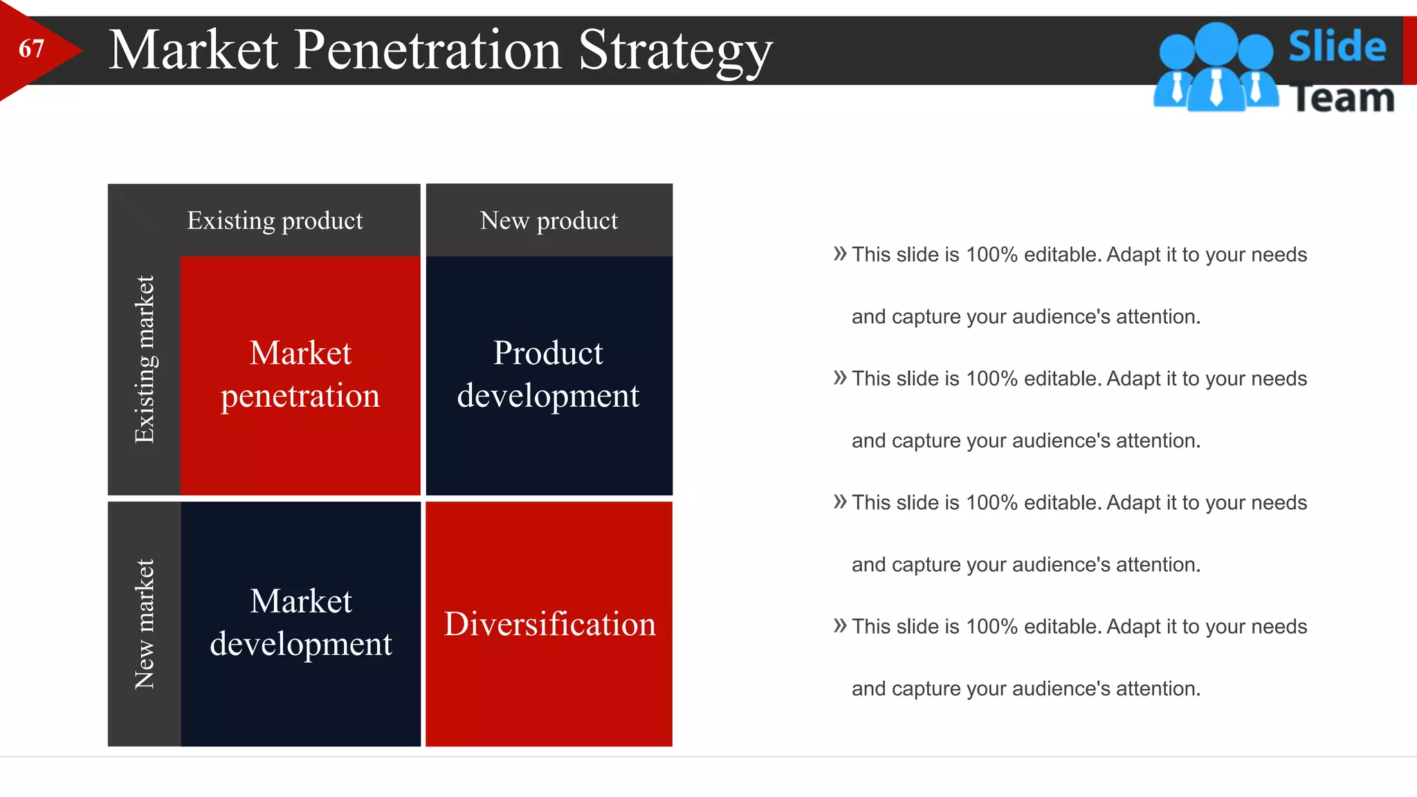 Market Penetration Strategy
New product
Existing product
Existing
market
New
market
Diversification
Product
development
Market
penetration
Market
development
Diversification
New product
Product
development
Existing product
Existing
market
Market
penetration
New
market
Market
development
»This slide is 100% editable. Adapt it to your needs
and capture your audience's attention.
»This slide is 100% editable. Adapt it to your needs
and capture your audience's attention.
»This slide is 100% editable. Adapt it to your needs
and capture your audience's attention.
»This slide is 100% editable. Adapt it to your needs
and capture your audience's attention.
67
 