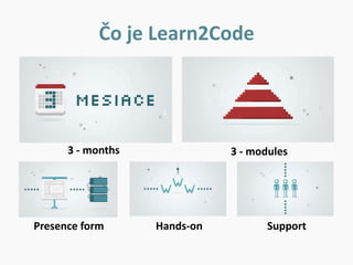Čo je Learn2Code
3 - months 3 - modules
Presence form Hands-on Support
 