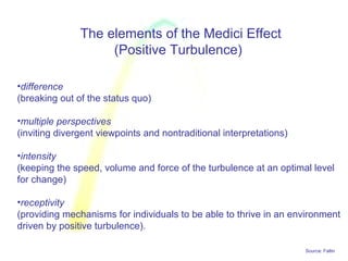 Source: Faltin
The elements of the Medici Effect
(Positive Turbulence)
•difference
(breaking out of the status quo)
•multiple perspectives
(inviting divergent viewpoints and nontraditional interpretations)
•intensity
(keeping the speed, volume and force of the turbulence at an optimal level
for change)
•receptivity
(providing mechanisms for individuals to be able to thrive in an environment
driven by positive turbulence).
 