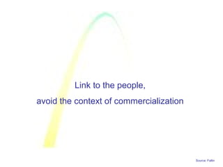 Source: Faltin
Link to the people,
avoid the context of commercialization
 