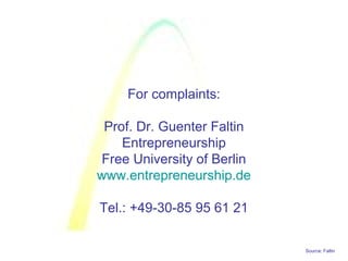 Source: Faltin
For complaints:
Prof. Dr. Guenter Faltin
Entrepreneurship
Free University of Berlin
www.entrepreneurship.de
Tel.: +49-30-85 95 61 21
 