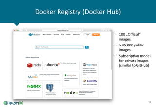 Docker	
  Registry	
  (Docker	
  Hub)	
  
18	
  
•  100	
  „Oﬃcial“	
  
images	
  
•  >	
  45.000	
  public	
  
images	
  
•  SubscripZon	
  model	
  
for	
  private	
  images	
  
(similar	
  to	
  GitHub)	
  
 