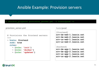 Ansible	
  Example:	
  Provision	
  servers	
  
31	
  
# Provisions the frontend servers
---
- hosts: frontend
sudo: true
roles:
- {role: 'init'}
- {role: 'docker'}
- {role: 'updates'}
provision_server.yml	
  
$ ansible_playbook provision_server.yml –I hosts/prod -v
hosts/prod	
  
[frontend]
srv-de-web-1.leanix.net
srv-de-web-2.leanix.net
srv-us-web-1.leanix.net
srv-us-web-2.leanix.net
[backend]
srv-de-app-1.leanix.net
srv-de-app-2.leanix.net
srv-us-app-1.leanix.net
srv-us-app-2.leanix.net
 