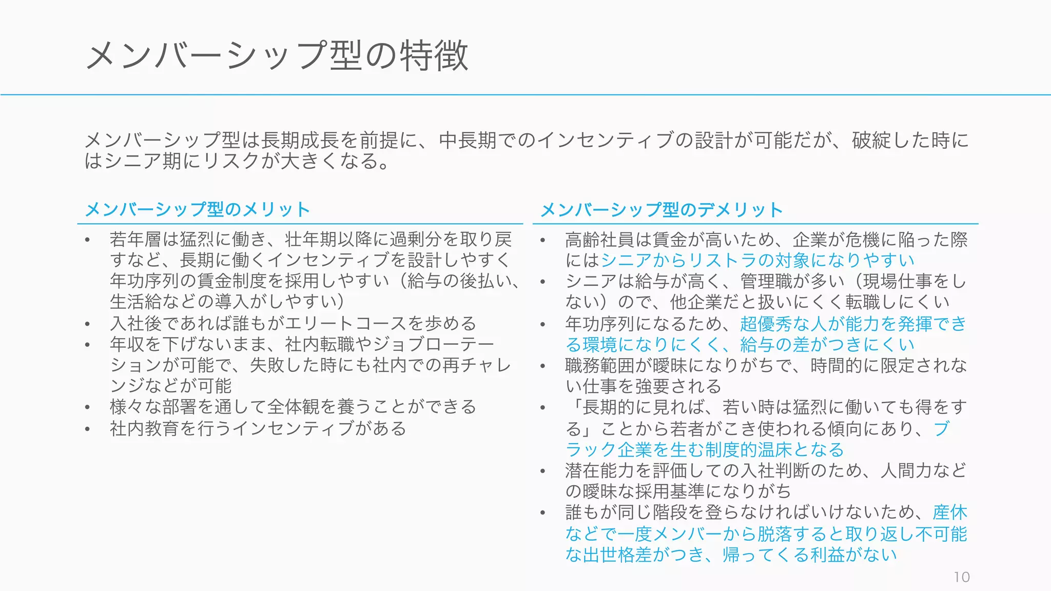 メンバーシップ型は長期成長を前提に、中長期でのインセンティブの設計が可能だが、破綻した時に
はシニア期にリスクが大きくなる。
10
メンバーシップ型の特徴
メンバーシップ型のメリット
• 若年層は猛烈に働き、壮年期以降に過剰分を取り戻
すなど、長期に働くインセンティブを設計しやすく
年功序列の賃金制度を採用しやすい（給与の後払い、
生活給などの導入がしやすい）
• 入社後であれば誰もがエリートコースを歩める
• 年収を下げないまま、社内転職やジョブローテー
ションが可能で、失敗した時にも社内での再チャレ
ンジなどが可能
• 様々な部署を通して全体観を養うことができる
• 社内教育を行うインセンティブがある
メンバーシップ型のデメリット
• 高齢社員は賃金が高いため、企業が危機に陥った際
にはシニアからリストラの対象になりやすい
• シニアは給与が高く、管理職が多い（現場仕事をし
ない）ので、他企業だと扱いにくく転職しにくい
• 年功序列になるため、超優秀な人が能力を発揮でき
る環境になりにくく、給与の差がつきにくい
• 職務範囲が曖昧になりがちで、時間的に限定されな
い仕事を強要される
• 「長期的に見れば、若い時は猛烈に働いても得をす
る」ことから若者がこき使われる傾向にあり、ブ
ラック企業を生む制度的温床となる
• 潜在能力を評価しての入社判断のため、人間力など
の曖昧な採用基準になりがち
• 誰もが同じ階段を登らなければいけないため、産休
などで一度メンバーから脱落すると取り返し不可能
な出世格差がつき、帰ってくる利益がない
 