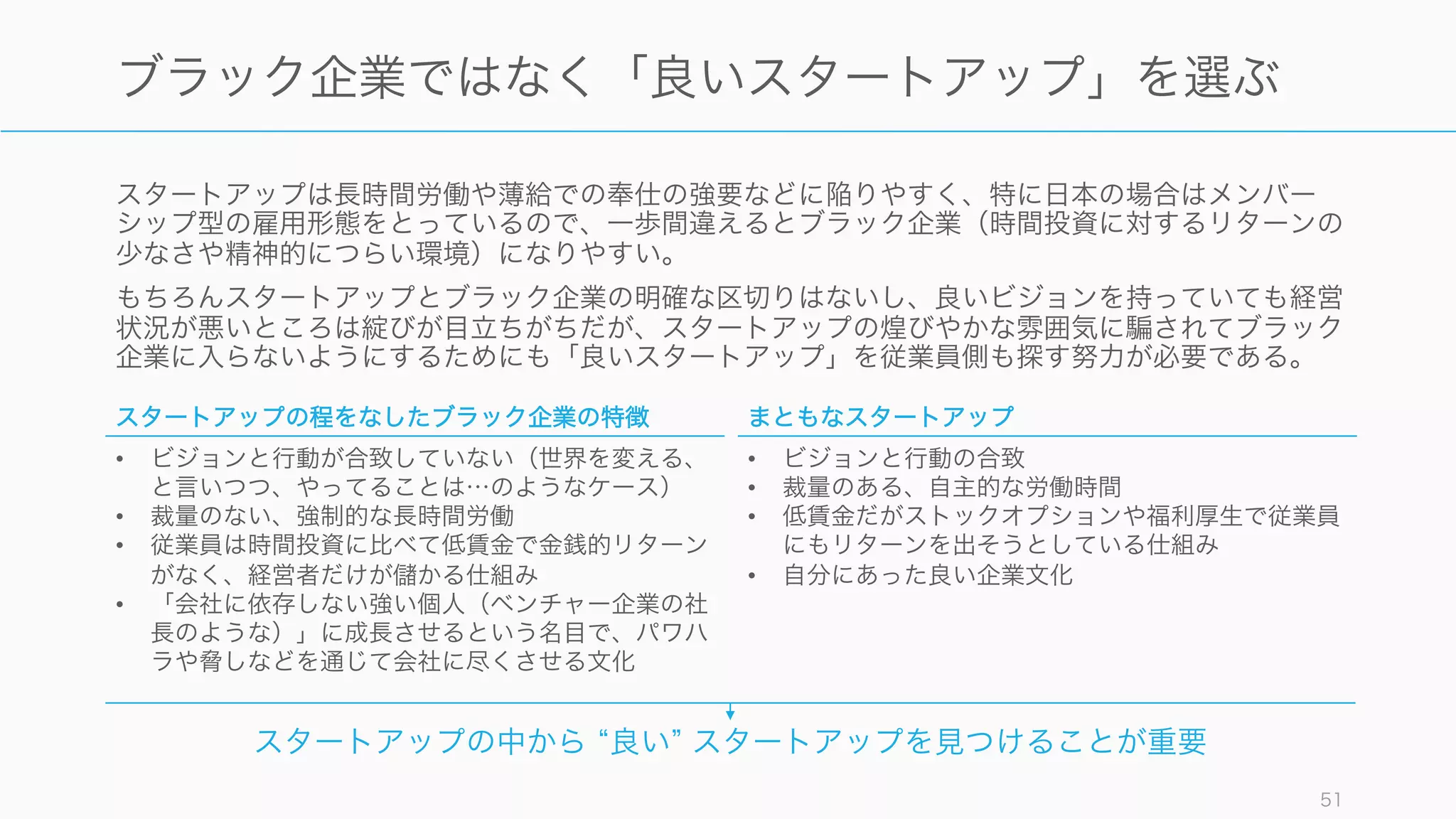 将来起業したいと思っている人には、一度スタートアップに従業員として入ることを基本的にお勧め
しているが、いくつかの注意事項がある。特に成功するスタートアップに入るときは注意すること。
51
起業予定の人がスタートアップに入るときの注意
メリットとデメリットを考えて判断する
別のスタートアップに参加するメリット
• スタートアップの経営の方法（良い方法と悪い方法
の両方）が学べる
• スタートアップ界隈のネットワーク（投資家や人
材）を獲得できる
• 一緒にスタートアップする共同創業者が見つかる可
能性が高い（多くのスタートアップはスタートアッ
プから生まれている）
• 自分がスタートアップの働き方にあっているかどう
かがある程度わかる
別のスタートアップに参加するデメリット
• 自分のプロジェクトに割ける時間が少なくなる（規
模や時期によっては自分の優先順位が下がる）
• スタートアップのタイミングを逃すこともある
参加するスタートアップの行く末を考えて判断する
参加したスタートアップが成功した場合
• 新規事業などの形で自分のアイデアが実現できるか
もしれず、スタートアップする必要性がなくなる可
能性も有る
• ストックオプションで十分な金銭的なリターンが得
られた場合、スタートアップする意欲がなくなる可
能性もある
参加したスタートアップが失敗した場合
• スタートアップが失敗したり辞めたくなれば、それ
があなたのスタートアップを始めるタイミングであ
るということなので、失敗しても良いつもりで頑張
れば良い
 