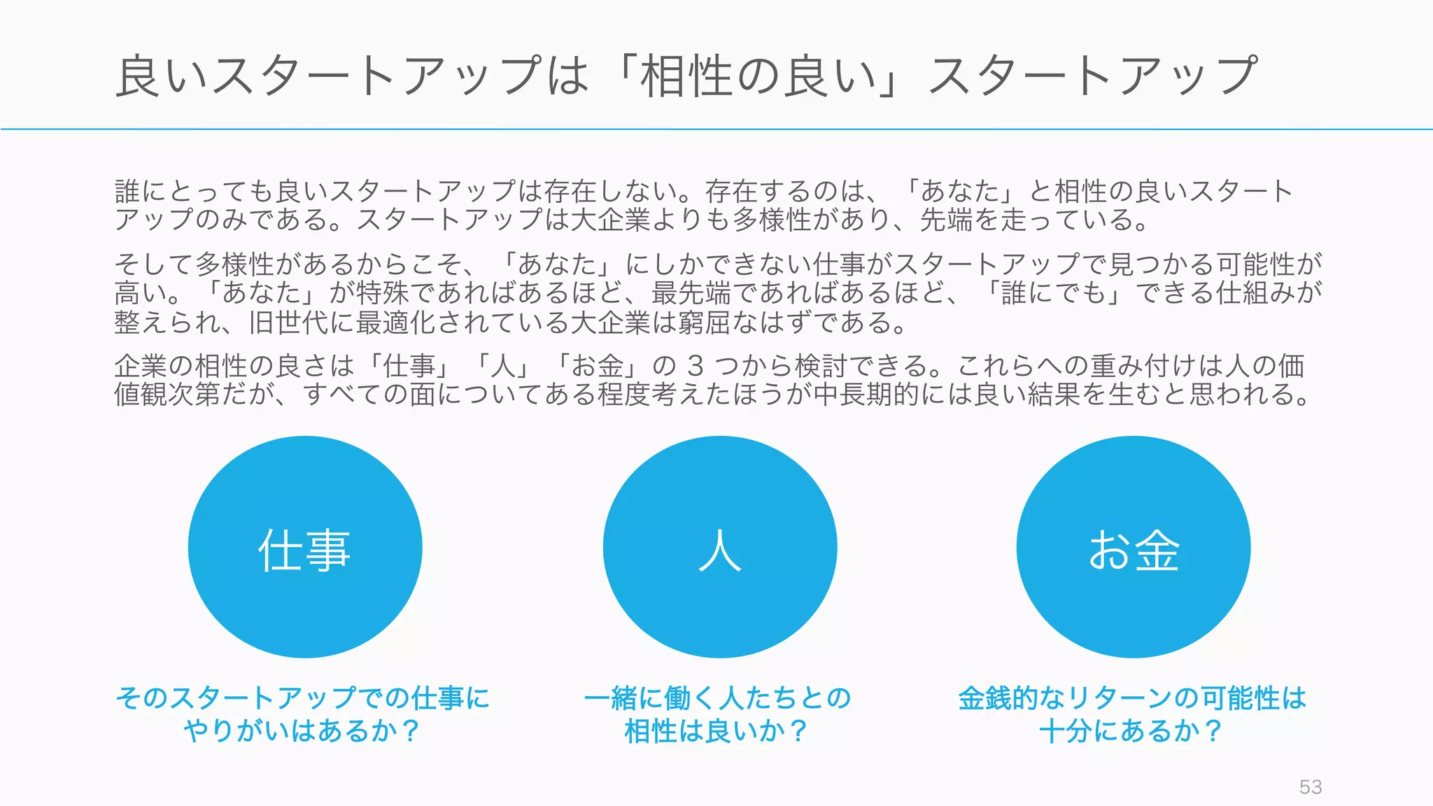 スタートアップは長時間労働や薄給での奉仕の強要などに陥りやすく、特に日本の場合はメンバー
シップ型の雇用形態をとっているので、一歩間違えるとブラック企業（時間投資に対するリターンの
少なさや精神的につらい環境）になりやすい。
もちろんスタートアップとブラック企業の明確な区切りはないし、良いビジョンを持っていても経営
状況が悪いところは綻びが目立ちがちだが、スタートアップの煌びやかな雰囲気に されてブラック
企業に入らないようにするためにも「良いスタートアップ」を従業員側も探す努力が必要である。
53
ブラック企業ではなく「良いスタートアップ」を選ぶ
スタートアップの程をなしたブラック企業の特徴
• ビジョンと行動が合致していない（世界を変える、
と言いつつ、やってることは…のようなケース）
• 裁量のない、強制的な長時間労働
• 従業員は時間投資に比べて低賃金で金銭的リターン
がなく、経営者だけが かる仕組み
• 「会社に依存しない強い個人（ベンチャー企業の社
長のような）」に成長させるという名目で、パワハ
ラや脅しなどを通じて会社に尽くさせる文化
まともなスタートアップ
• ビジョンと行動の合致
• 裁量のある、自主的な労働時間
• 低賃金だがストックオプションや福利厚生で従業員
にもリターンを出そうとしている仕組み
• 自分にあった良い企業文化
スタートアップの中から 良い スタートアップを見つけることが重要
 