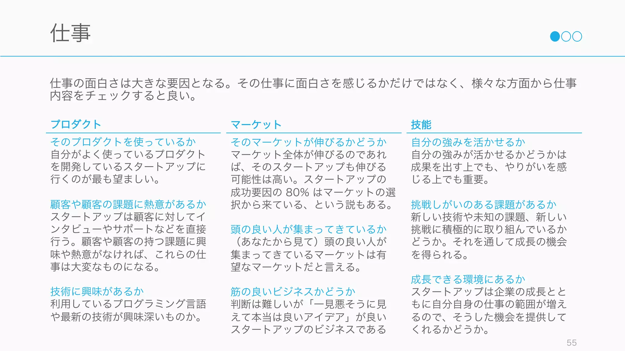誰にとっても良いスタートアップは存在しない。存在するのは、「あなた」と相性の良いスタート
アップのみである。スタートアップは大企業よりも多様性があり、先端を走っている。
そして多様性があるからこそ、「あなた」にしかできない仕事がスタートアップで見つかる可能性が
高い。「あなた」が特殊であればあるほど、最先端であればあるほど、「誰にでも」できる仕組みが
整えられ、旧世代に最適化されている大企業は窮屈なはずである。
企業の相性の良さは「仕事」「人」「お金」の 3 つから検討できる。これらへの重み付けは人の価
値観次第だが、すべての面についてある程度考えたほうが中長期的には良い結果を生むと思われる。
55
良いスタートアップは「相性の良い」スタートアップ
仕事 人 お金
そのスタートアップでの仕事に
やりがいはあるか？
一緒に働く人たちとの
相性は良いか？
金銭的なリターンの可能性は
十分にあるか？
 