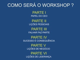 COMO SERÁ O WORKSHOP ?
PARTE I
PAPEL DO CEO
PARTE II
LIÇÕES PESSOAIS
PARTE III
FALHAR FAZ PARTE
PARTE IV
SUCESSO É CONSEQUÊNCIA
PARTE V
LIÇÕES DE NEGÓCIO
PARTE VI
LIÇÕES DE LIDERANÇA
 