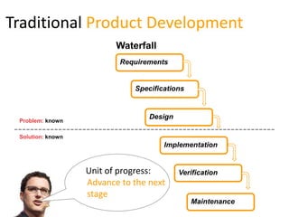 Traditional Product Development
                          Waterfall
                           Requirements


                              Specifications



 Problem: known
                                  Design

 Solution: known
                                      Implementation


                   Unit of progress:       Verification
                   Advance to the next
                   stage
                                               Maintenance
 