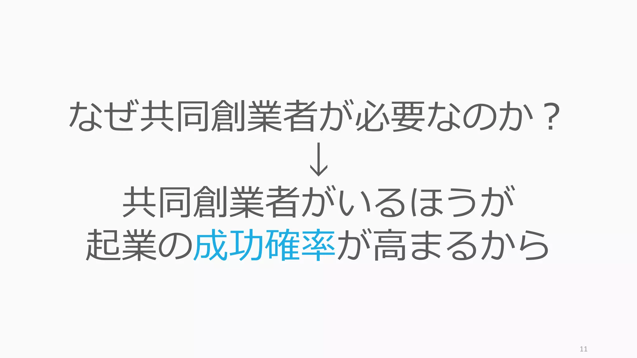 11
なぜ共同創業者が必要なのか？
↓
共同創業者がいるほうが
起業の成功確率が⾼まるから
 