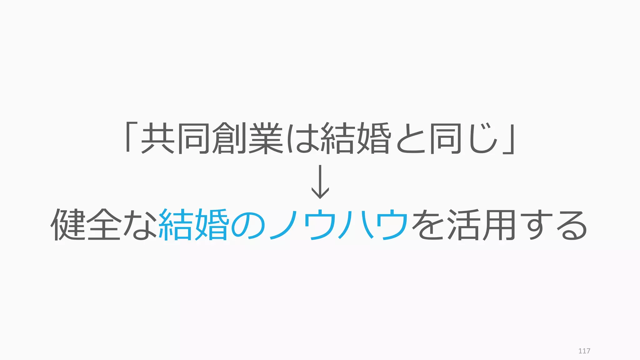 117
「共同創業は結婚と同じ」
↓
健全な結婚のノウハウを活⽤する
 