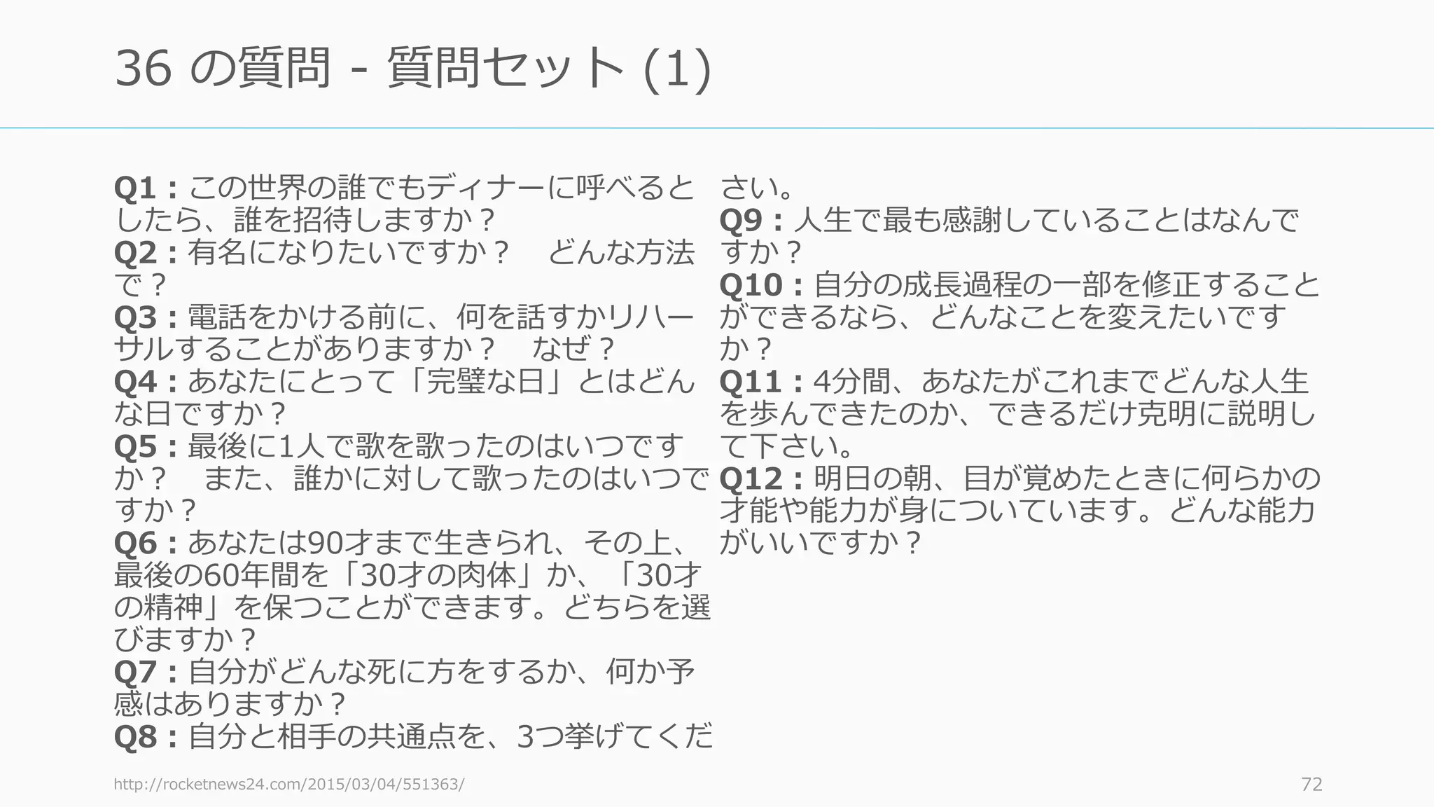 Q1：この世界の誰でもディナーに呼べると
したら、誰を招待しますか？
Q2：有名になりたいですか？ どんな⽅法
で？
Q3：電話をかける前に、何を話すかリハー
サルすることがありますか？ なぜ？
Q4：あなたにとって「完璧な⽇」とはどん
な⽇ですか？
Q5：最後に1⼈で歌を歌ったのはいつです
か？ また、誰かに対して歌ったのはいつで
すか？
Q6：あなたは90才まで⽣きられ、その上、
最後の60年間を「30才の⾁体」か、「30才
の精神」を保つことができます。どちらを選
びますか？
Q7：⾃分がどんな死に⽅をするか、何か予
感はありますか？
Q8：⾃分と相⼿の共通点を、3つ挙げてくだ
さい。
Q9：⼈⽣で最も感謝していることはなんで
すか？
Q10：⾃分の成⻑過程の⼀部を修正すること
ができるなら、どんなことを変えたいです
か？
Q11：4分間、あなたがこれまでどんな⼈⽣
を歩んできたのか、できるだけ克明に説明し
て下さい。
Q12：明⽇の朝、⽬が覚めたときに何らかの
才能や能⼒が⾝についています。どんな能⼒
がいいですか？
http://rocketnews24.com/2015/03/04/551363/ 72
36 の質問 - 質問セット (1)
 