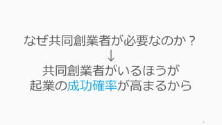 11
なぜ共同創業者が必要なのか？
↓
共同創業者がいるほうが
起業の成功確率が⾼まるから
 