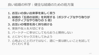 1. お互いの良い出来事を楽しく祝う
2. 結婚の「五倍の法則」を利⽤する（ポジティブなやり取りが
ネガティブなやり取りの 5 倍）
3. お互いの理想を⾼く持ち続ける
4. 家族や友⼈を⼤切にする
5. パートナーに幸せにしてもらおうと期待しない
6. とにかくセックスをしてみよう
7. ⼼地よいことだけではなく、週に⼀度は新しいことを試して
わくわくする
119
良い結婚の科学：健全な結婚のための処⽅箋
 