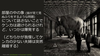 Photo	credit:	David	Blackwell. via	Visual	Hunt /	CC	BY-ND 125
部屋の中の象 (皆が⾒て⾒
ぬふりをするような問題)
について話さないことで
ケンカは避けられるけれ
ど、いつかは爆発する
（どちらかが我慢してケ
ンカの少ない夫婦は突然
離婚する）
 